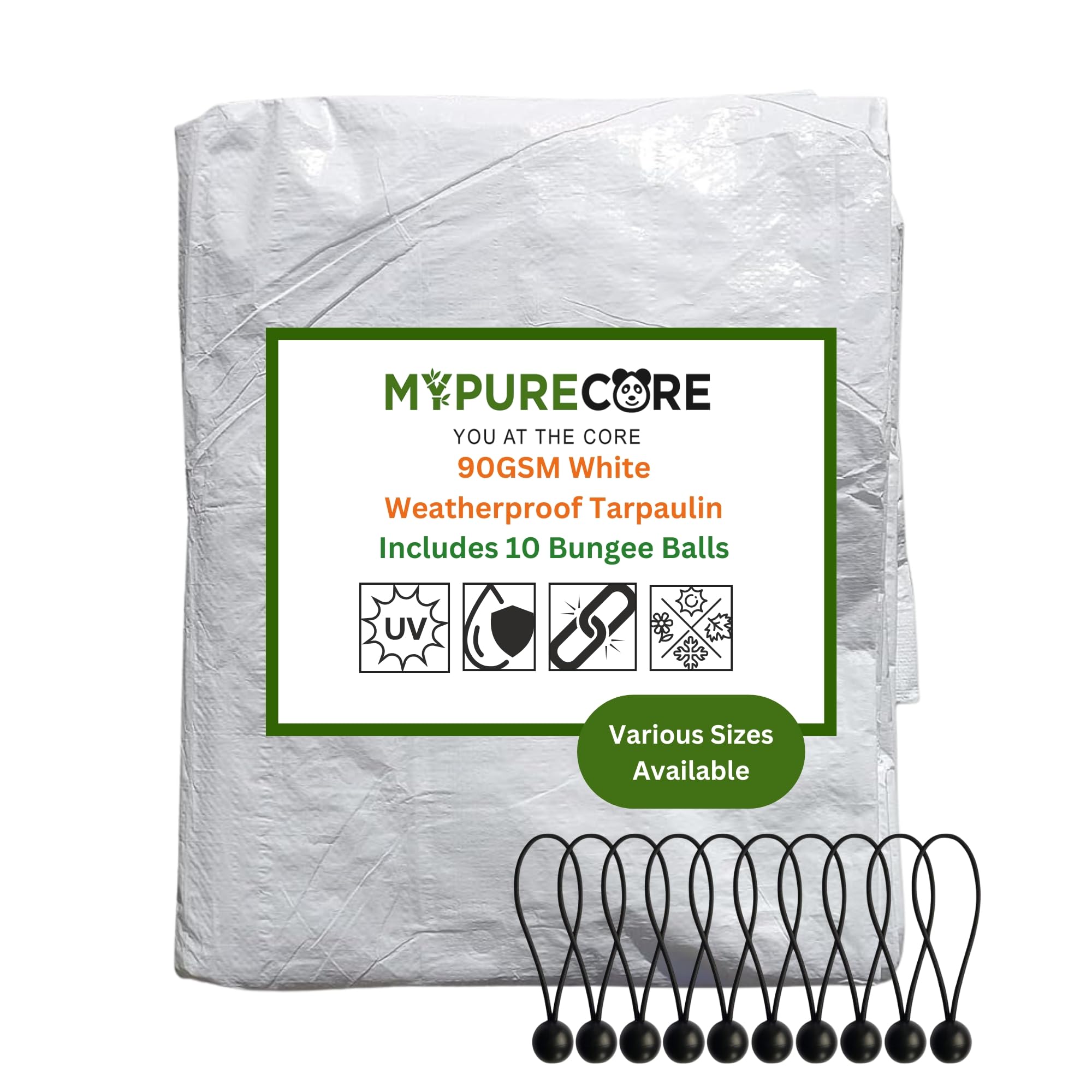 MYPURECORE Heavy Duty White Tarpaulin with 10 Bungee Balls – Weatherproof & UV Resistant Tarp Sheet and Groundsheet for Outdoor, Garden & Camping, Pergolas, Cars and Furniture (4m x 6m)