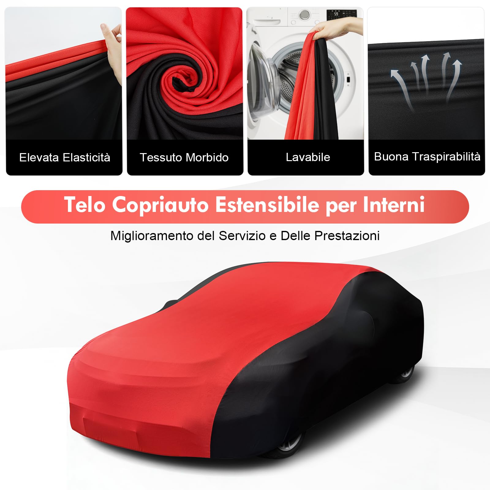 Telo Copriauto Elastico per Interni, Telo Copriauto da Interno Universale Adatto a Berline, Auto Sportiva, SUV, Traspirante e Antipolvere, Morbido al Tatto, Aderente, Nero e Rosso, L