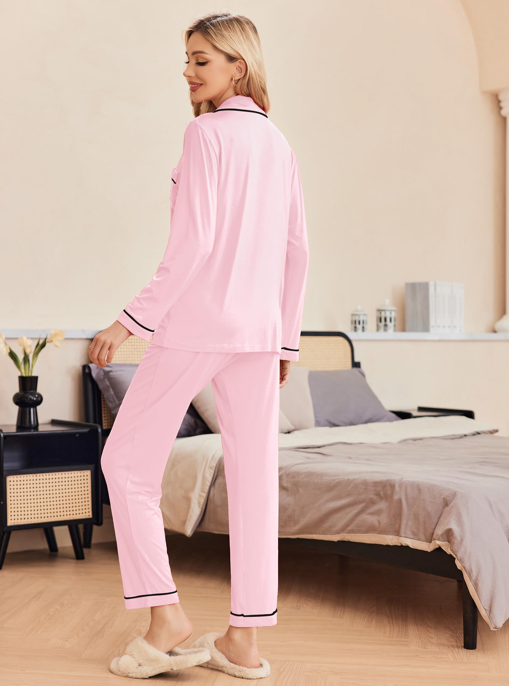 Ekouaer Pigiama Donna Maniche Lunghe Set Pigiama a Due Pezzi con Bottoni Abbigliamento da Notte Morbido Sleepwear Top e Pantaloni Pigiama XS-XXL