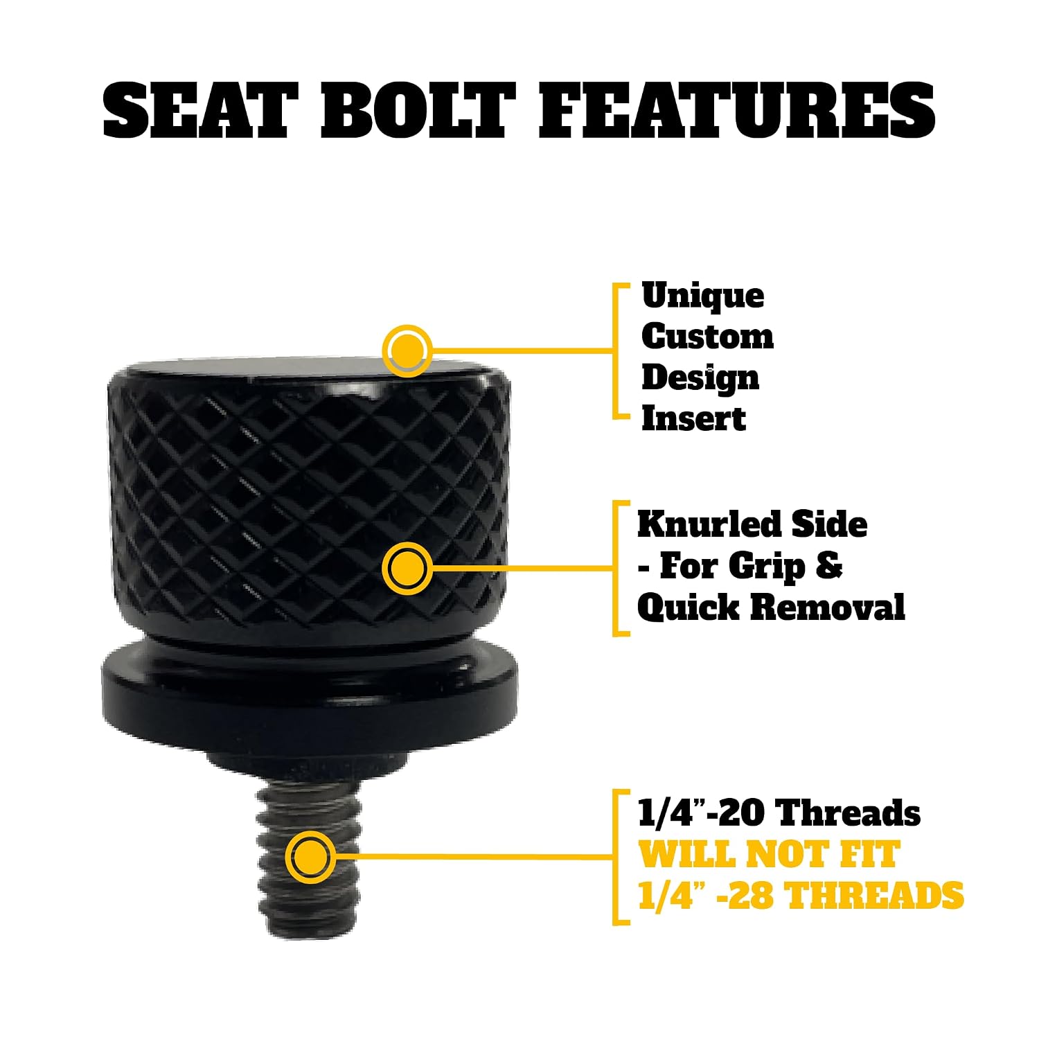 Spread Eagle Large Knurled Aluminum Rear 1/4-20 Black Seat Bolt Fits Harley Davidson 1996-2024+. Custom Made in The USA