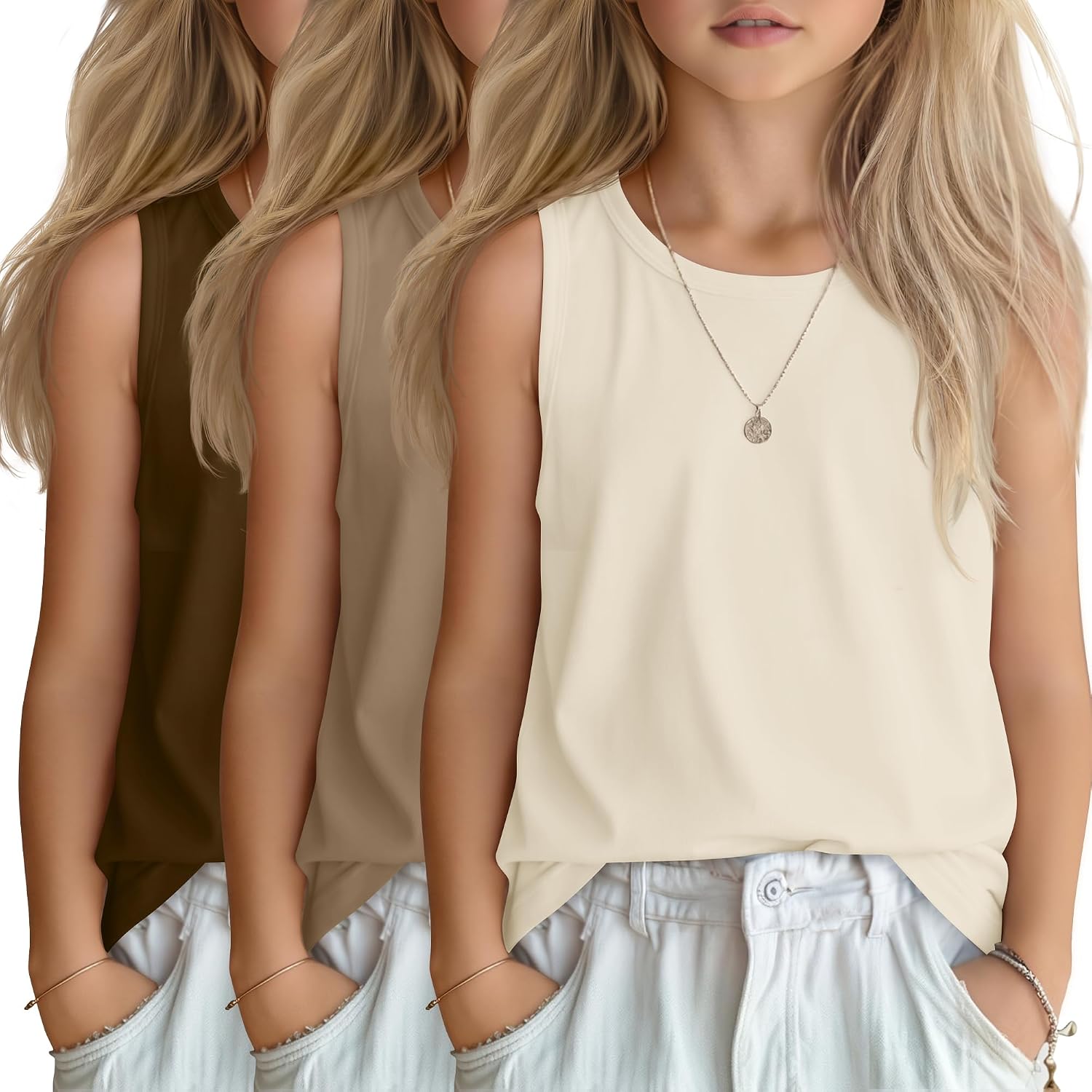 3 Pack Girls' Tank Tops Kids Sleeveless Crew Neck Shirts Summer Loose Fit Top Casual Basic Tees 5-14 Years