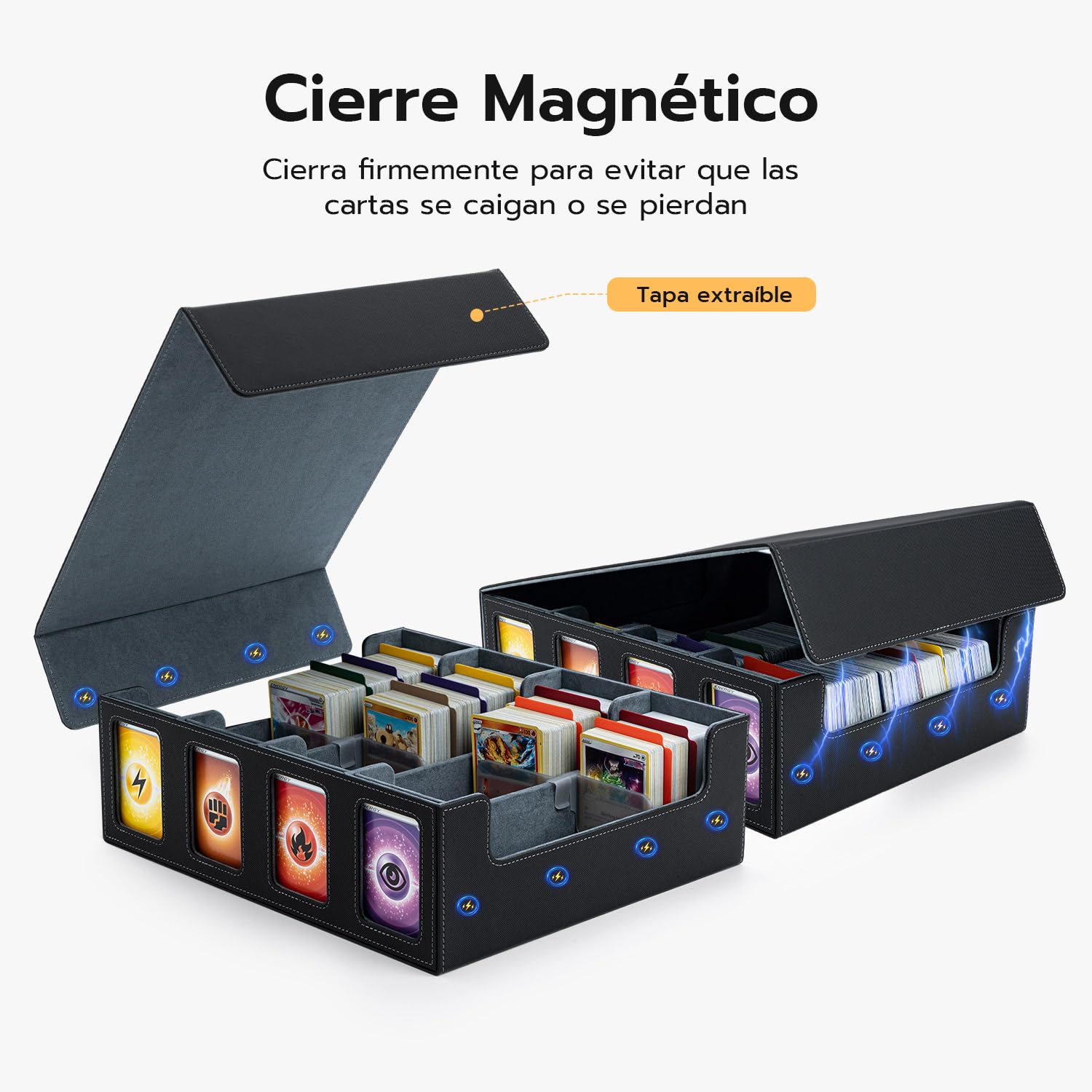 Caja de Cartas para MTG, 4 filas Deck Box para más de 3200 tarjetas, caja de solapa magnética con cuero PU para tarjetas Magic Commander TCG con 12 separadores multicolores y 8 clips Negro