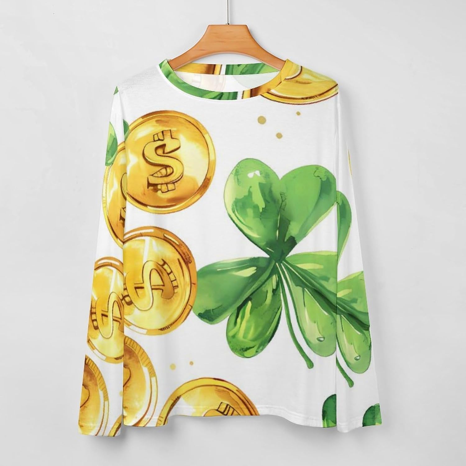 Shamrock Leaf And Gold Coins Women's Pajama Top Sleepwear Pajamas Sleep T-Shirt Long Sleeve Shirt Crewneck Tee