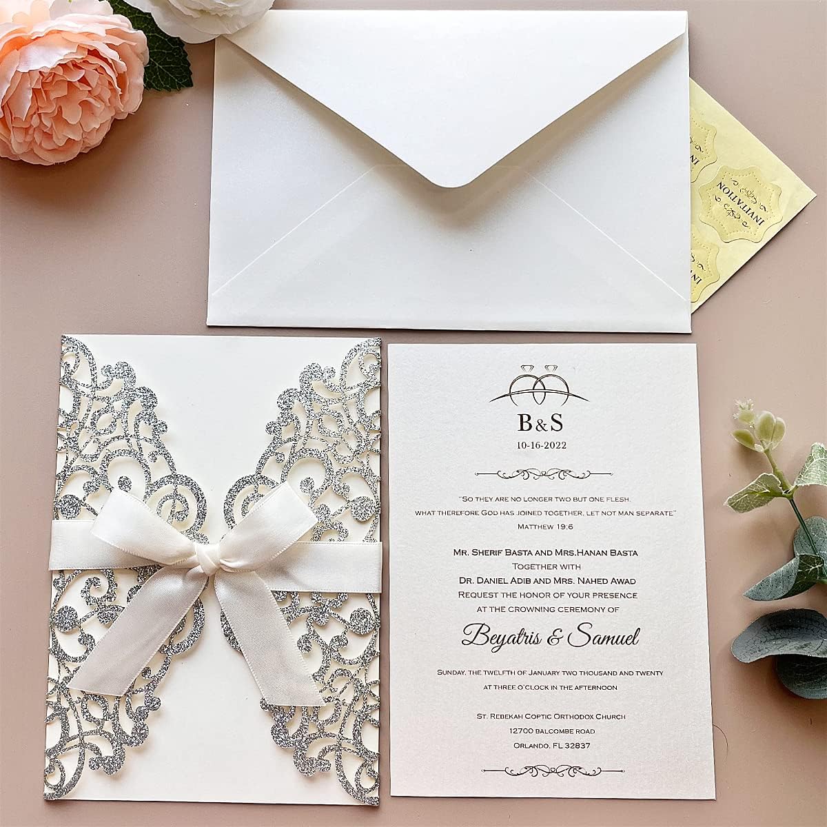 5.12 x7.28 inch 50PCS Blank Silver Laser Cut Wedding Invitations with Envelopes & Bowknot Quinceanera Invitation for Wedding Invite