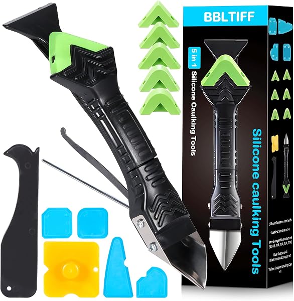Aplicador Silicona Herramienta, BBLTIFF Kit de Calafateo 5 en 1, Herramientas de Eliminador de Sellantes Cemento Rascador Alisador de Masilla con 6 Almohadillas Reemplazables, para Baños y Cocinas - 1