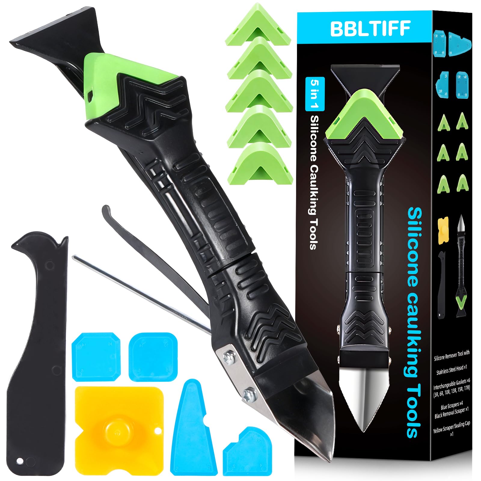 5-in-1 Strumento Per Calafataggio, BBLTIFF Rimuovi Silicone Spatola per Silicone Togli e Spatola Raschietto per Stucco Strumento Con 6 Cuscinetti Sostituibili Sigillante, per Cucine, Bagni e Finestre