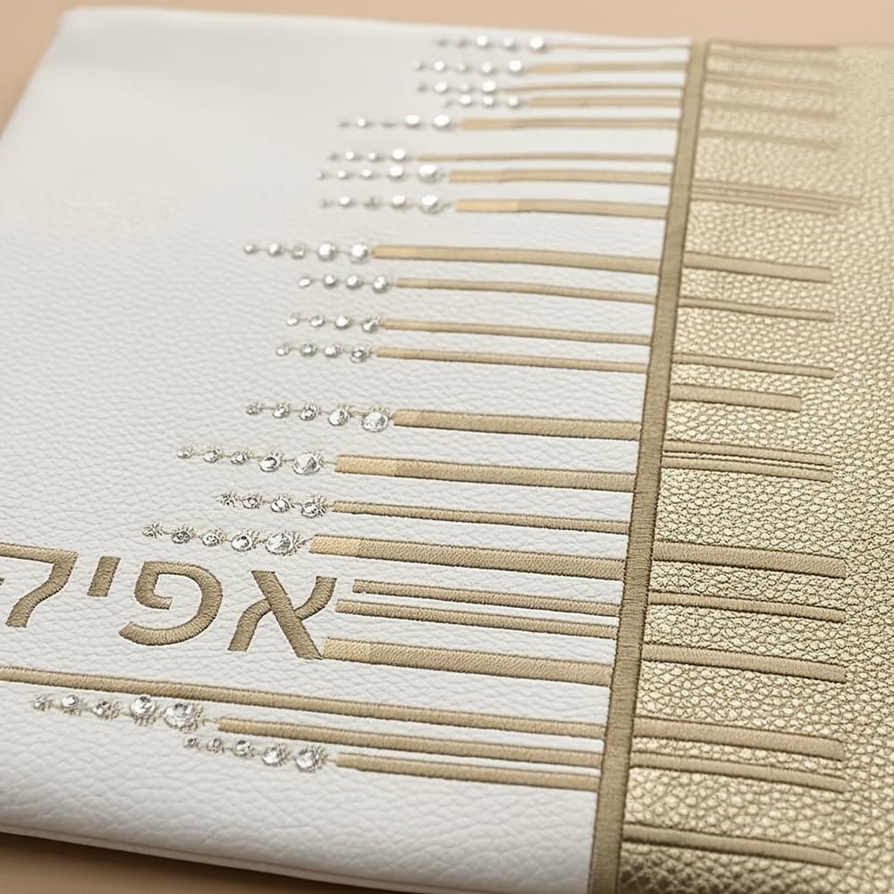 Passover Seder Accessory Afikoman Bag, Hebrew Text Embroidery, Zippered Pouch for Pesach Gift (W/Gold with Stones)