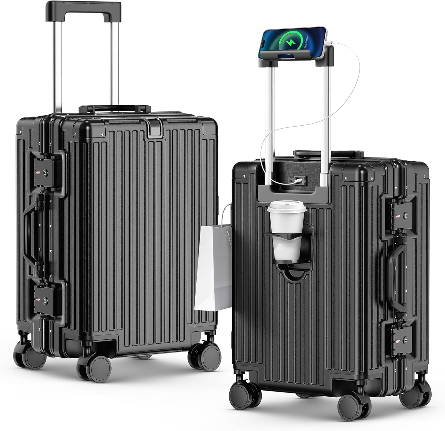 20 Inch Carry On Luggage with Cup Holder & USB Port, Airline Approved PC Hardshell Suitcase for Business & Weekend Travel, Zipperless Aluminum Frame, TSA Lock & 360° Wheels