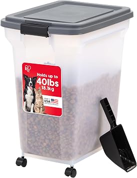 IRIS USA Dog Food Storage Container 40 lbs, Attachable Wheels, Included Scoop, for Dog Cat Birds and other Pets, Food Storage Bin, Keep Fresh, Easy Mobility, BPA Free - Made in the USA, Dark Gray