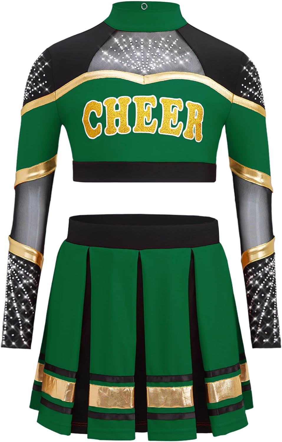 Shinsto Kids Girls 2 Piece Cheerleading Uniform Outfit Shiny Sleeveless Crop Top with Pleated Skirt Set Green 16 Years