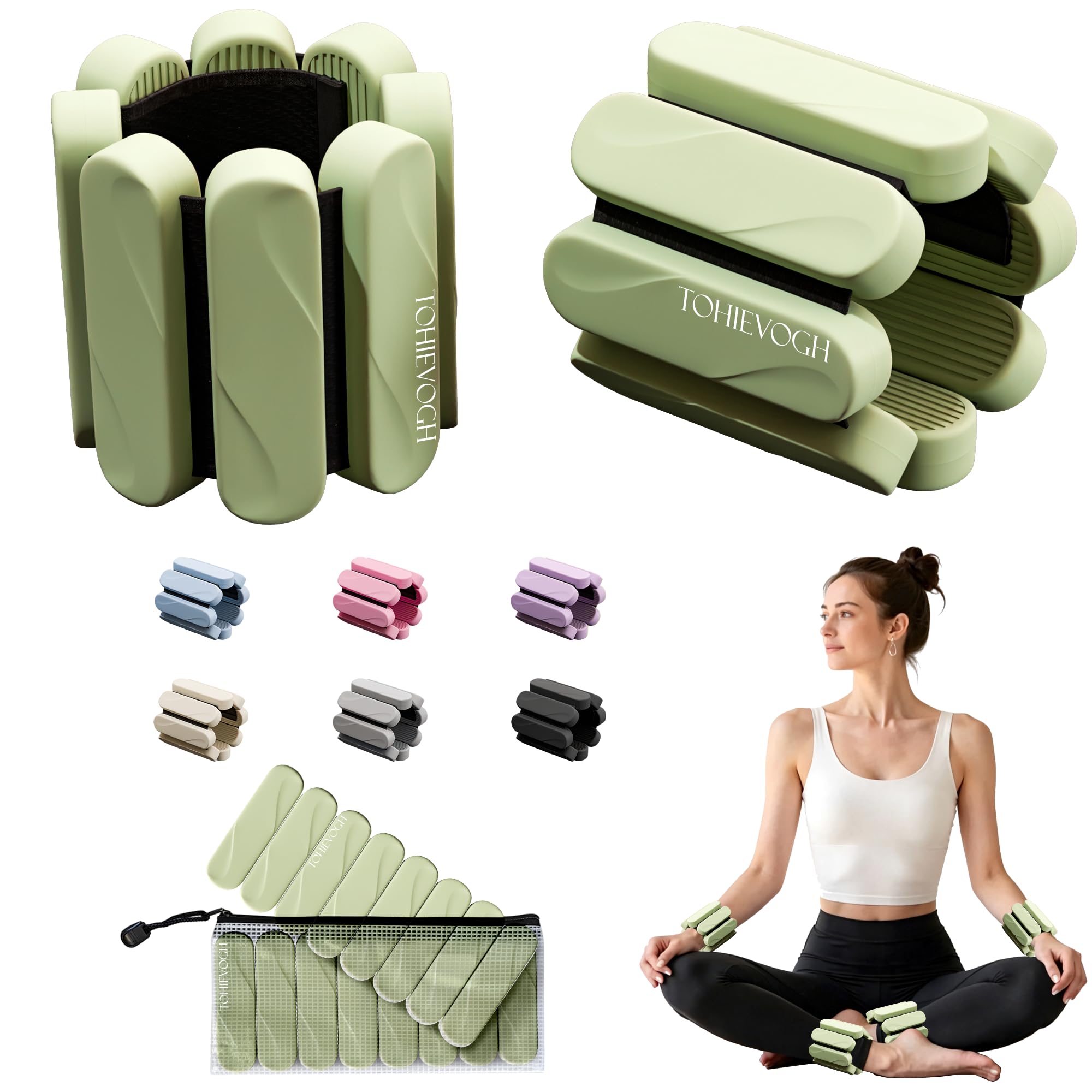 TohieVogh Wrist & Ankle Weights for Women Men Green Set of 2 (2lb Each), Arm Weights w/Removable Silicone Modules, Leg Weights Adjustable Ankle Wrist Weights for Yoga Pilates Barre Exercise Running