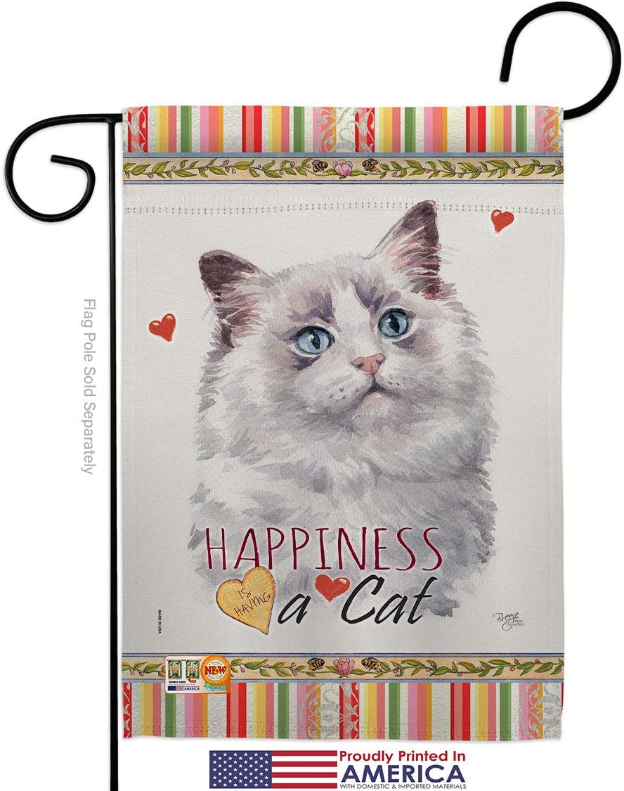 Bicolor Ragdoll Happiness Garden Flag Set Wall Holder Animals Cat Kitten Meow Spoiled Paw Fur Pet Nature Farm Animal Creature Small Gift Yard House Banner Made In USA 13 X 18.5