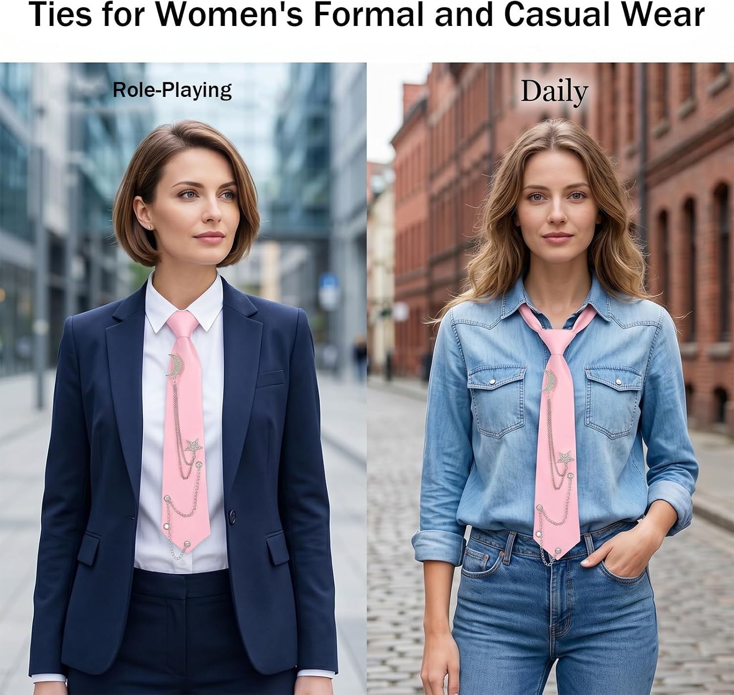 Pink Ties for Women, Neck Tie with Metal Chain Accessories | Adjustable Reusable Clip on Ties for Business Wedding Uniform Shirt Accessory