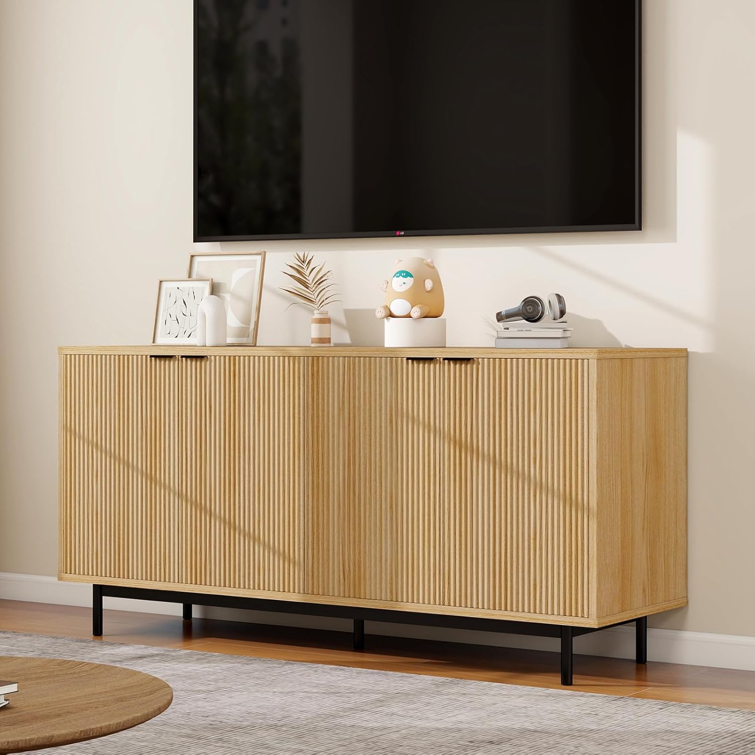 Vipbear Modern TV Stand for 65-70 Inch TVs, Entertainment Center with Storage Cabinets & Adjustable Shelves, Natural Wood Media Console