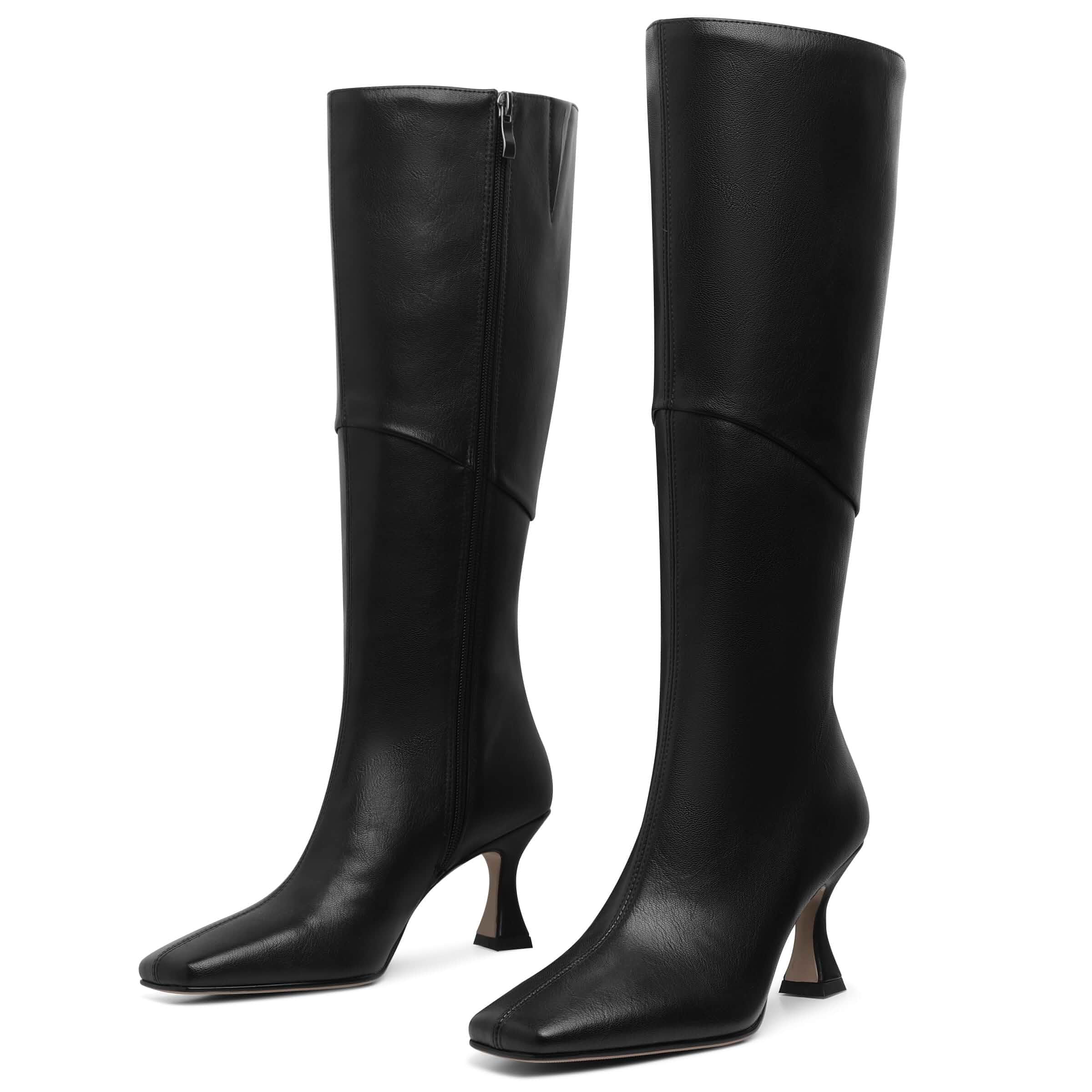 CYNLLIO Kitten Heel Boots for Women Tall Fall Knee High Boots Square Toe Leather and Suede Boots with Side Zipper,2026 Stiletto Heeled Long Botas for Daily Office Work Party