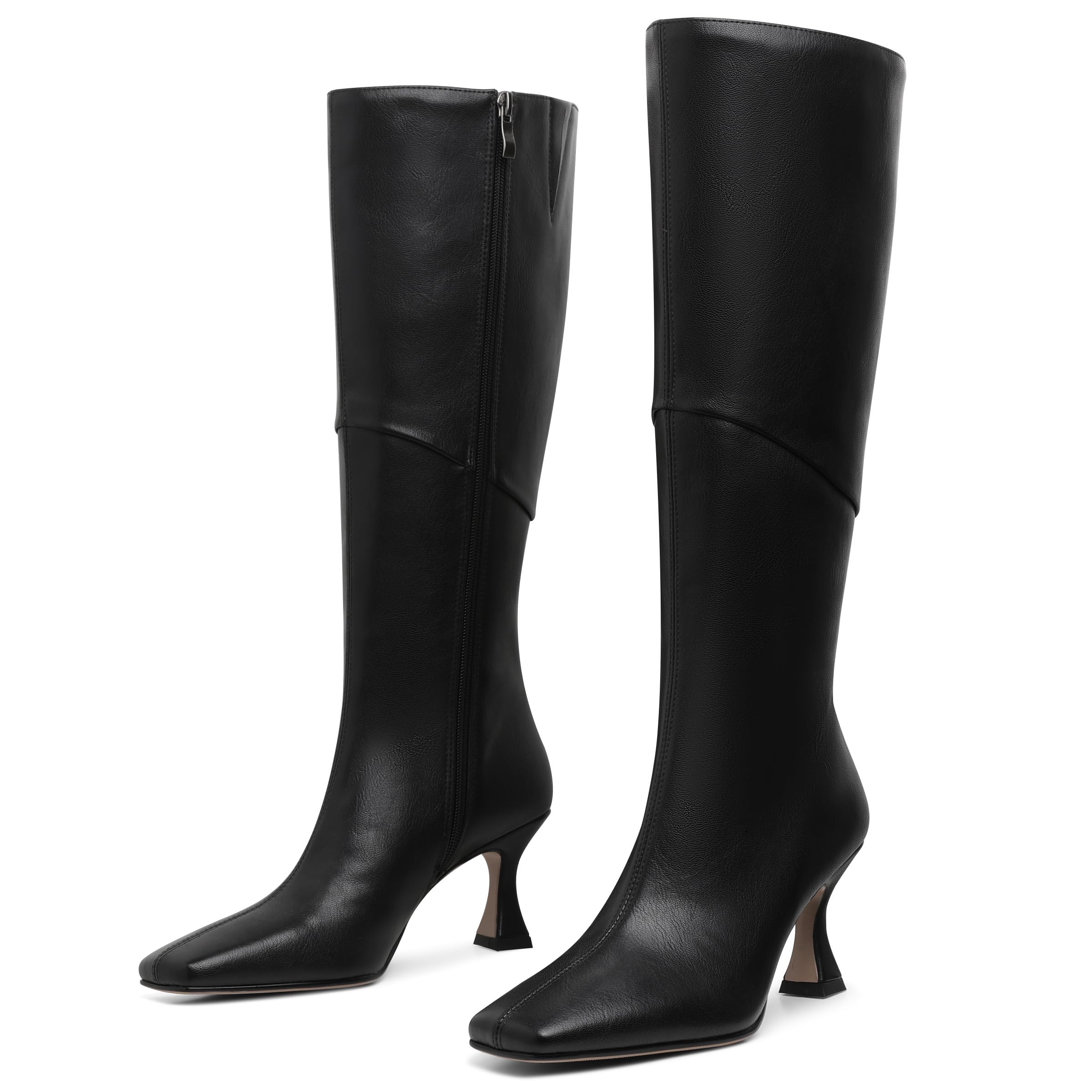 CYNLLIO Knee High Boots Women Square Toe Kitten High Heel Tall Boots Fashion Side Zipper Stiletto Heel Long