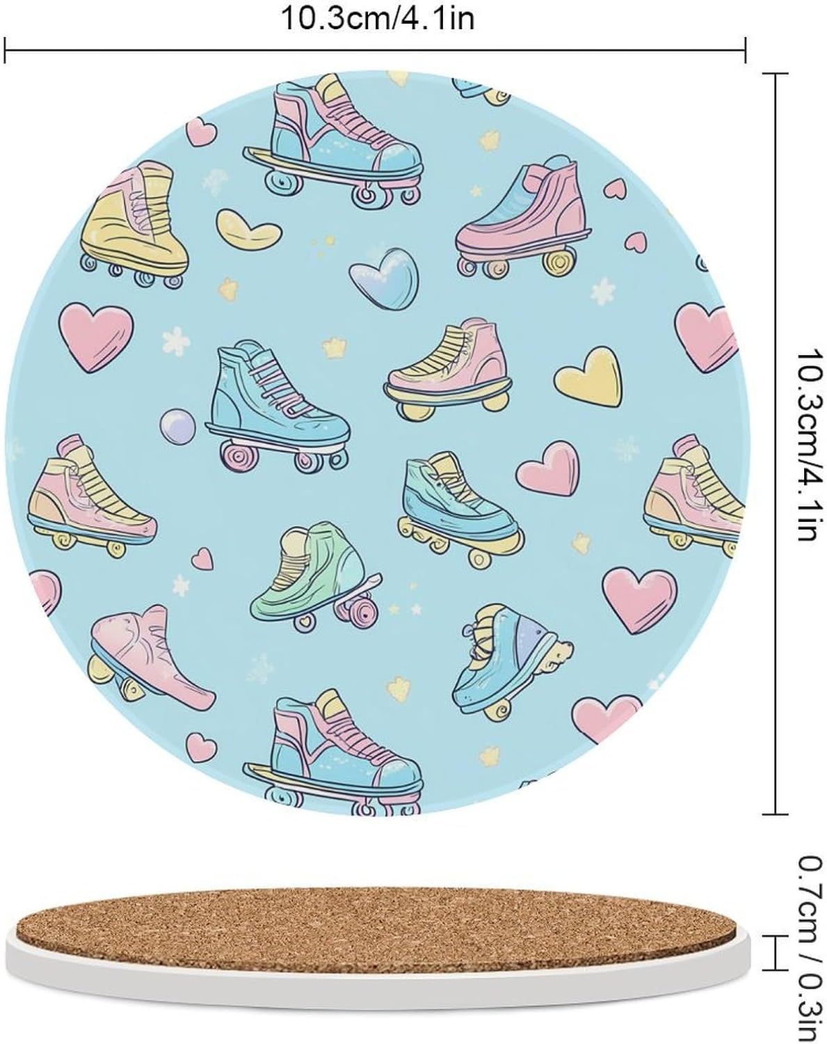 90s Skater Pattern Skating Round Ceramic Coasters for Drinks Absorbent Cup Holder Tabletop Protector with Cork Base
