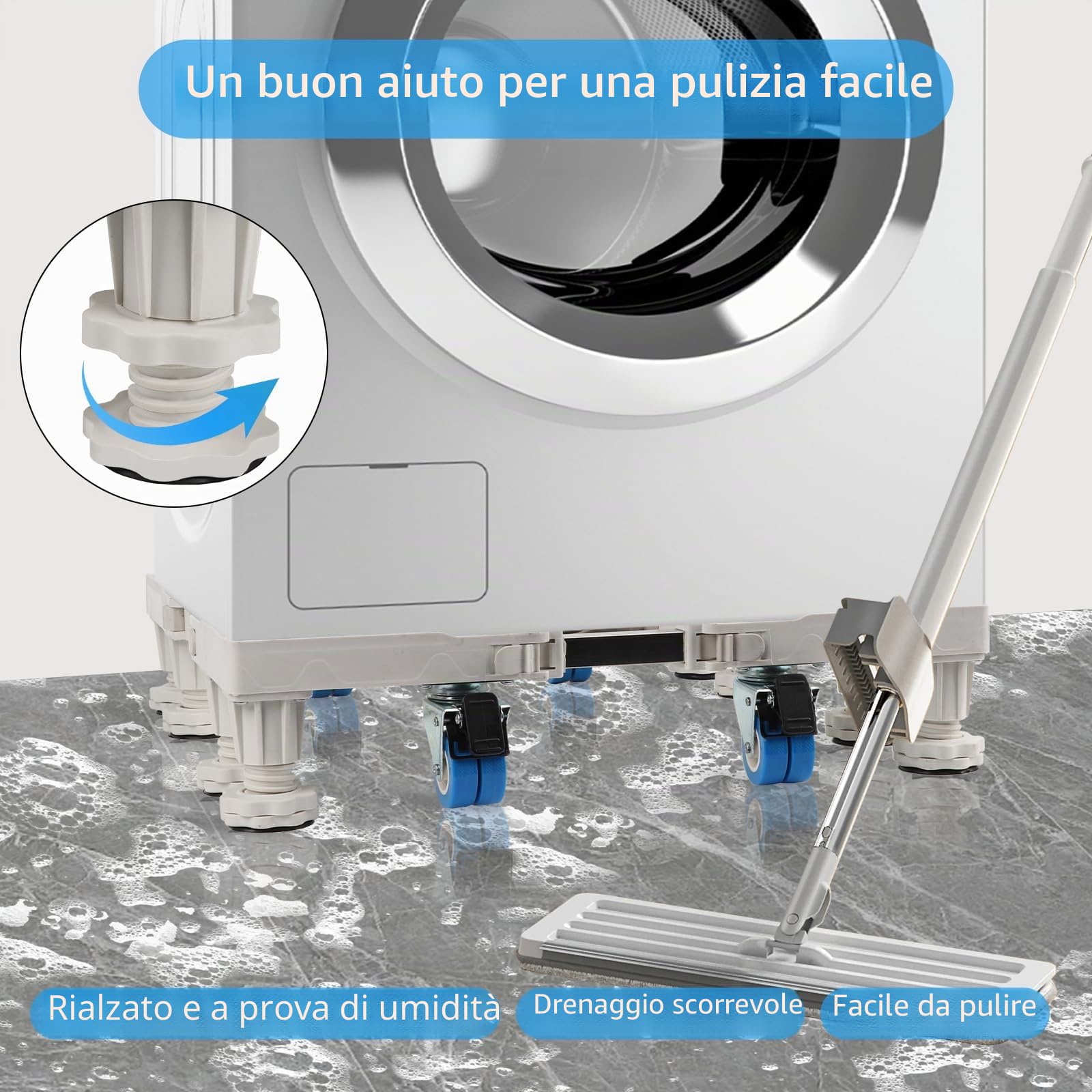 Qivine Carrello Lavatrice con Ruote 8 Piedi e 4 Ruote Base Regolabile per Lavatrice Misura Regolabile 45 a 68 cm Portata 300kg Kit Sovrapposizione Lavatrice Asciugatrice Anche per Frigorifero