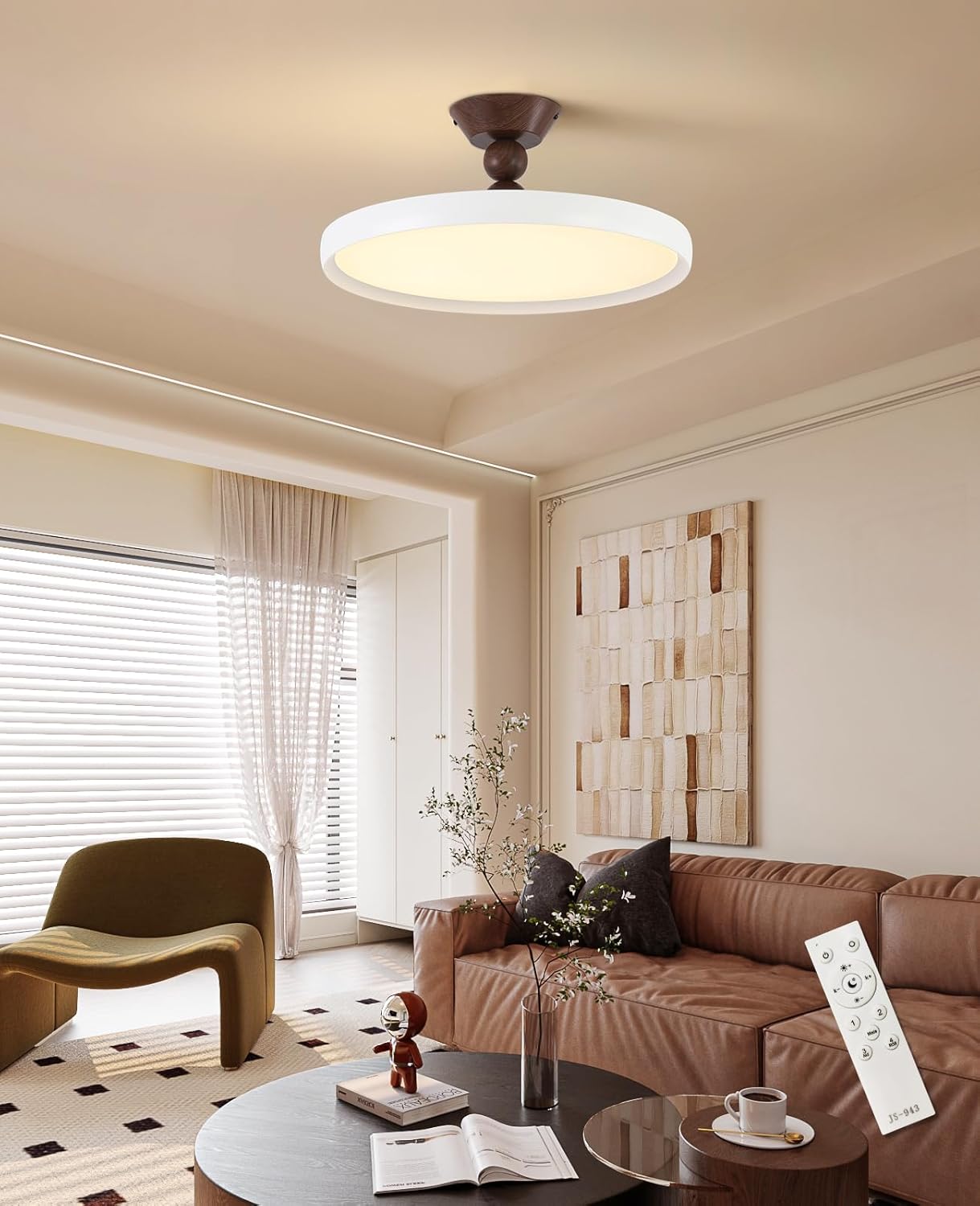 Dimmable Semi Flush Mount Ceiling Light 19.7",3CCT Modern Round LED Ceiling Light Fixture for Porch Hallway Entryway,Wood Grain Finish（Natural）