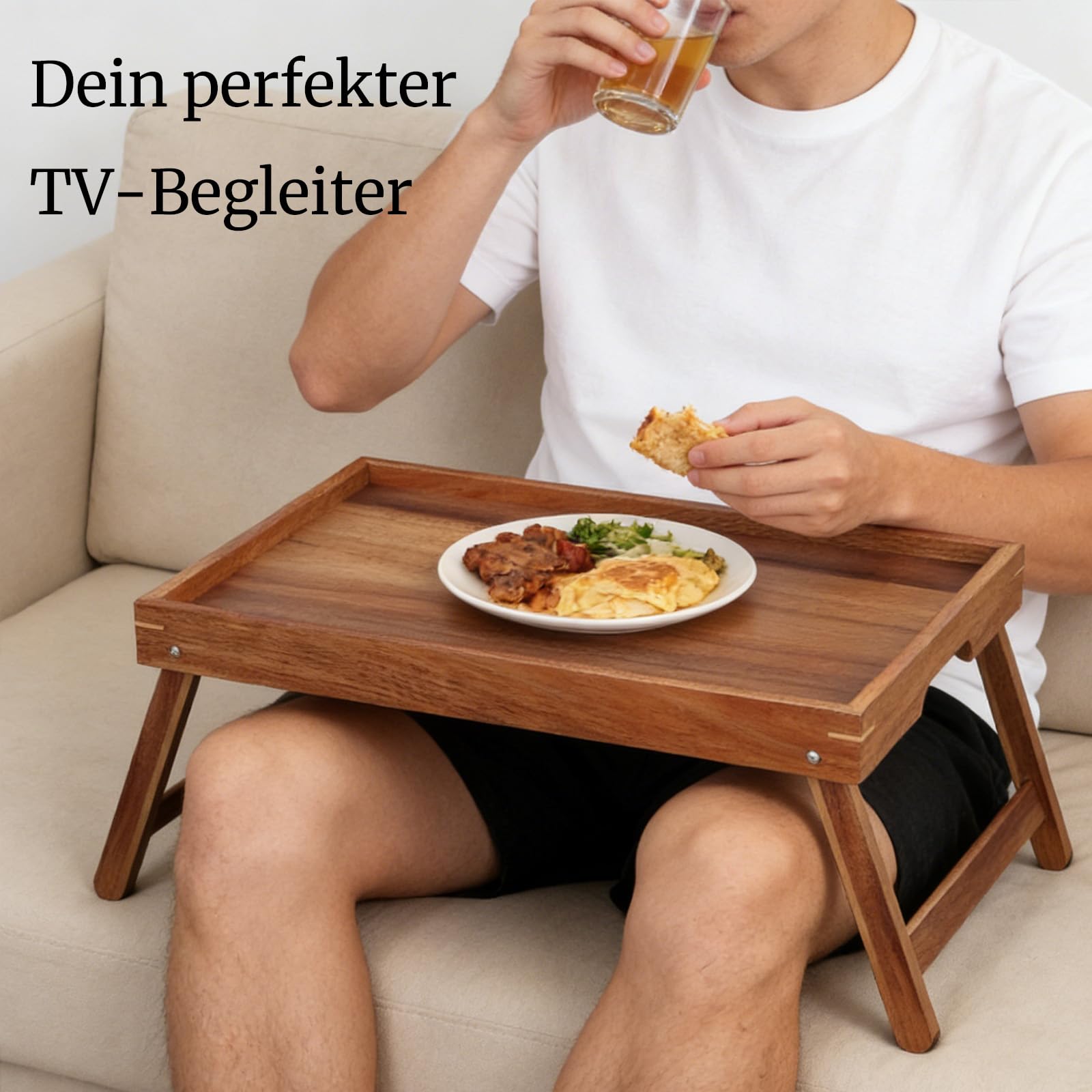 Fibogollo Betttisch aus Akazienholz mit klappbaren Beinen, Frühstückstabletts mit integrierten Griffen, Serviertablett für Speisen und Snacks, Laptop-Tabletts zum Arbeiten