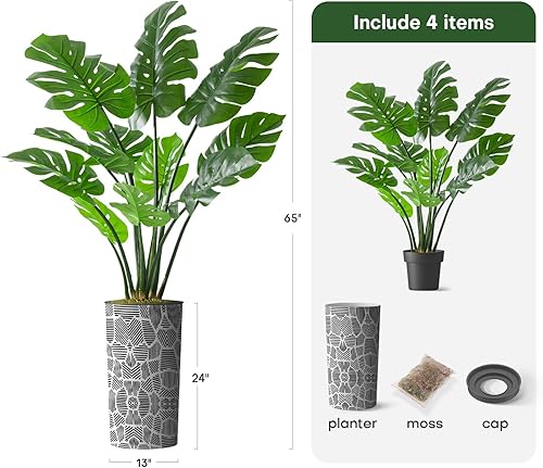 Miniatura 3 de Árbol artificial en maceta con patrón geométrico contemporáneo, árbol de seda Monstera falso para decoración del hogar en interiores y exteriores,