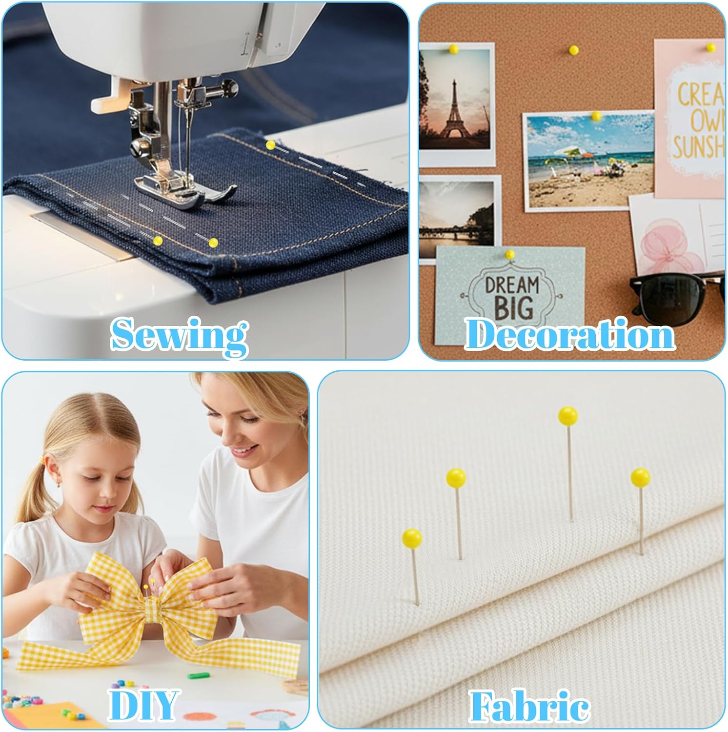 500 PCS Glass Head Sewing Pins, 1.75 Inch Long Yellow Straight Pins for Sewing, Quilting, Crafts & DIY Projects