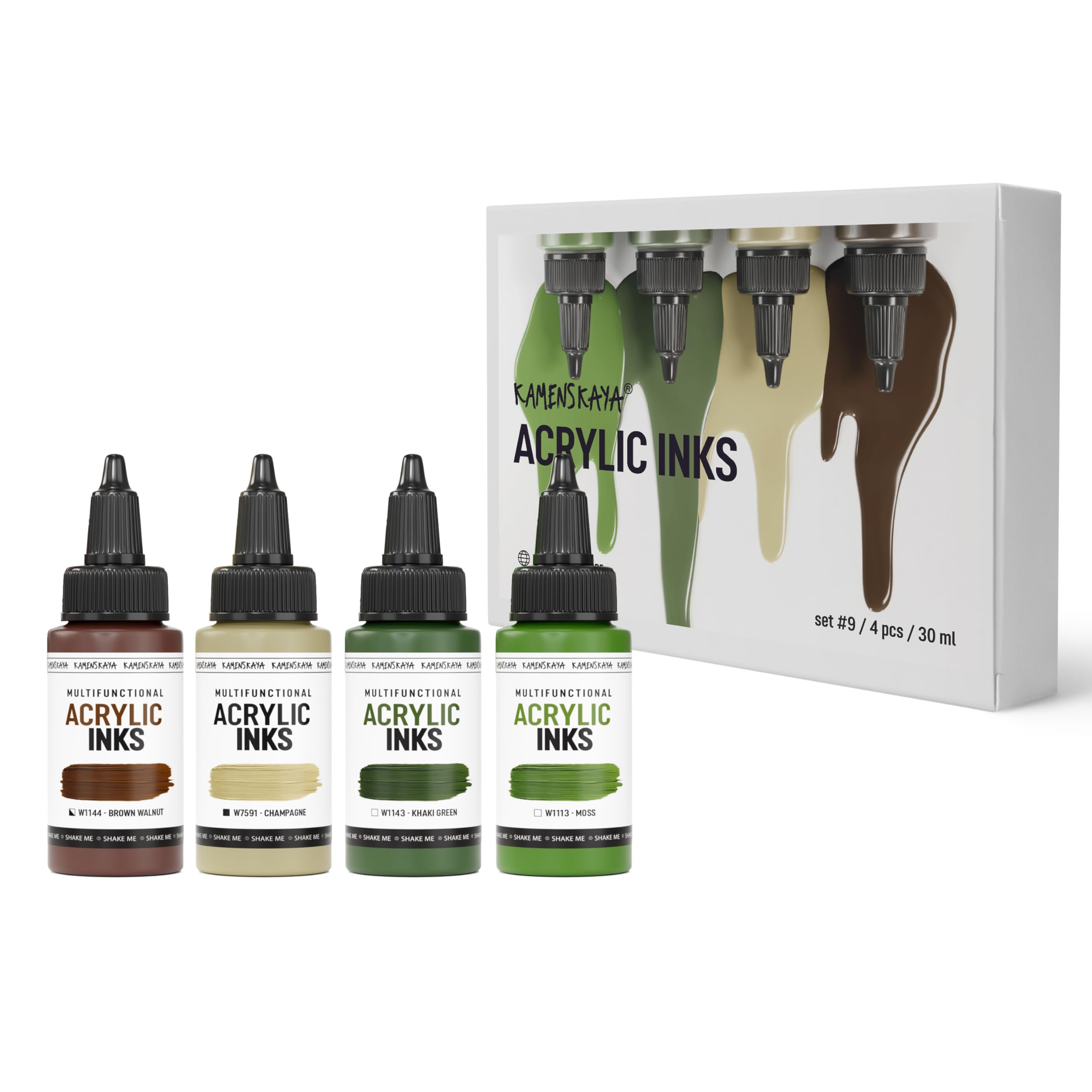 Kamenskaya Acrylic Inks for Artists - Acrylic Ink Set, Color Combination #9-4 pcs. 1 Fl Oz (30 ml) Each