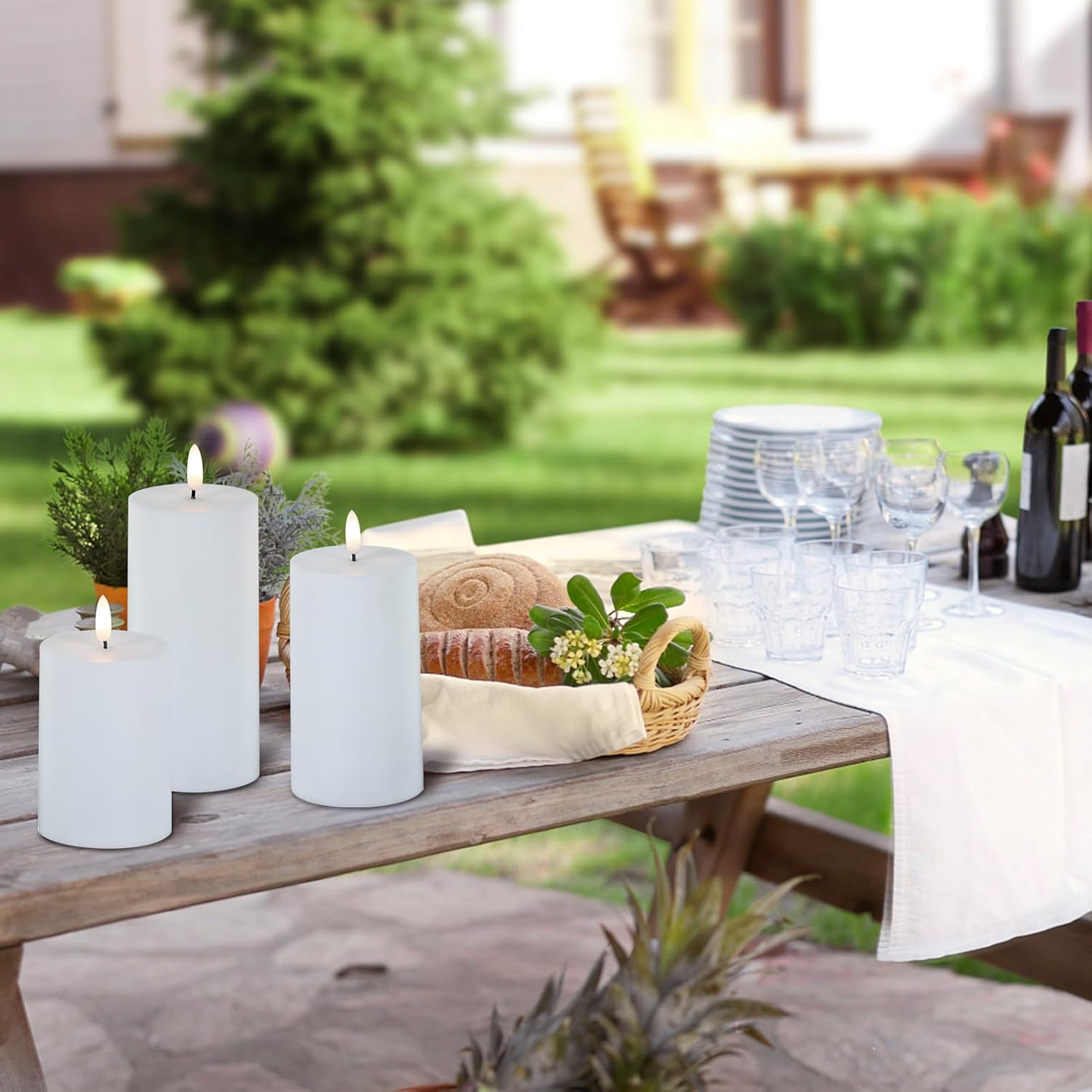 Wondise Waterproof Flameless Candles with Remote & Timer, Battery Operated Candles with 3D Wick White Plastic LED Pillar Candles for Outdoor Decoration Set of 3(D3 x H4/5/6 Inch)