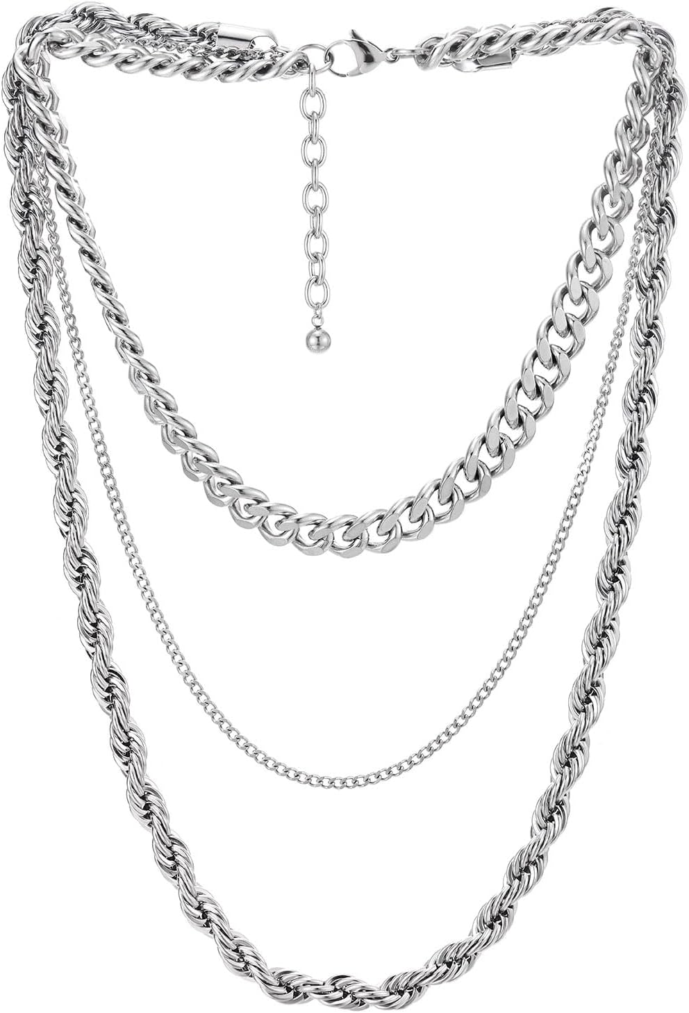 COOLSTEELANDBEYOND Layered Steel Chains Necklace for Men, Silver Rope, Cuban, and Curb Chain Set, Adjustable Clasp
