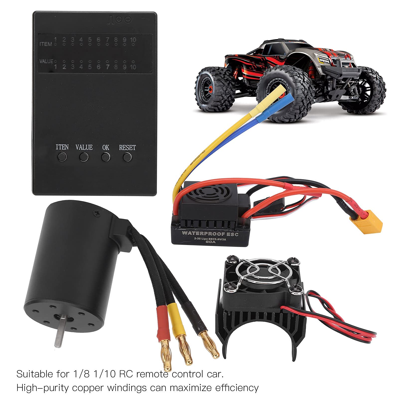 Karta programująca radiator silnika bezszczotkowego 60A ESC Combo, 3650 3600KV Karta programująca radiator silnika bezszczotkowego 60A ESC Combo do samochodu RC 1/8 1/10
