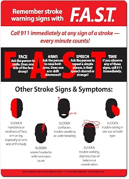Safety Magnets by ZOCO FAST Stroke Warning Signs & Symptoms Magnet 5"x7" Emergency Reference for Home, Office, or Medical Use Laminated Stroke Awareness Guide