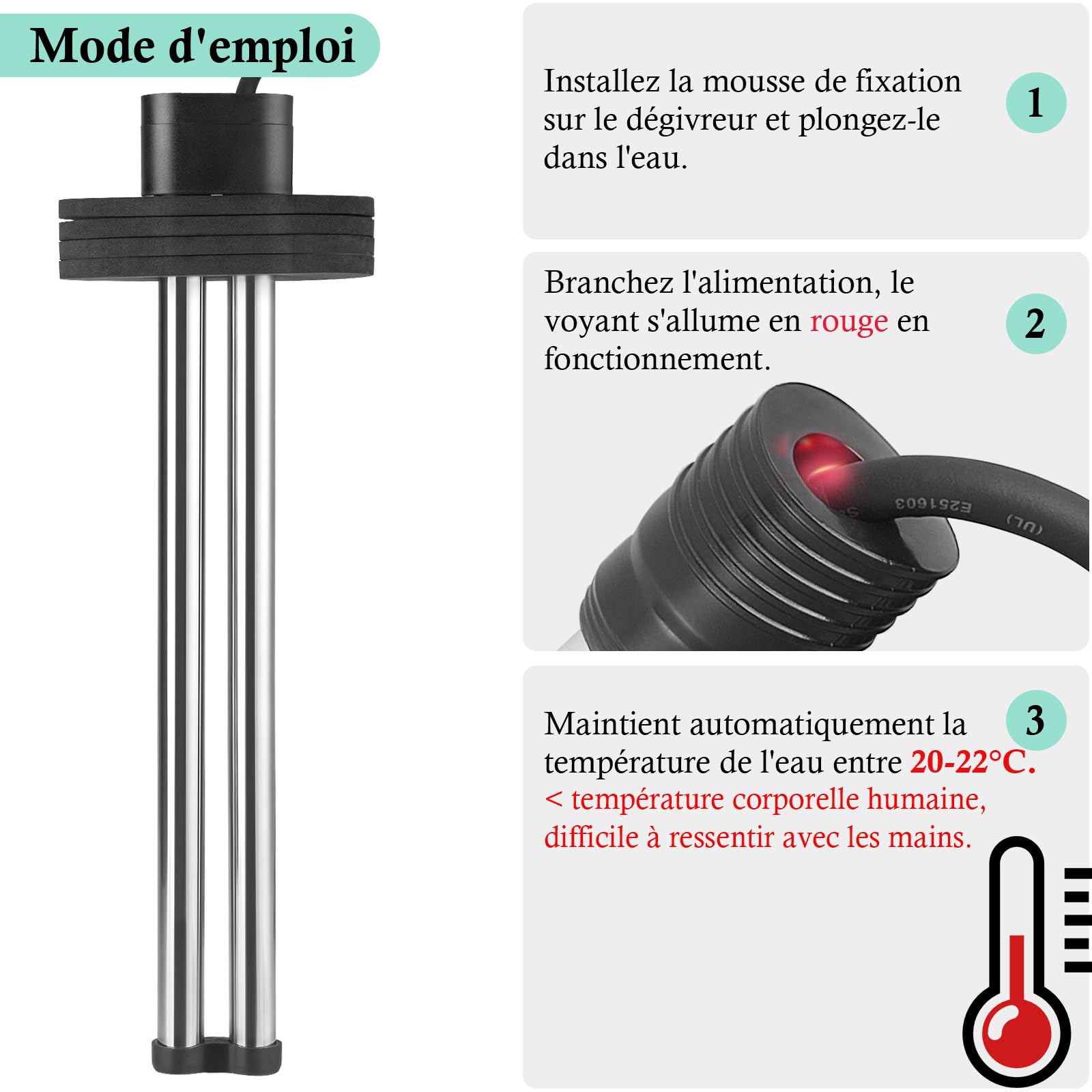 Chauffage de Bassin Extérieur 150W 300W 600W Chauffage d'Aquarium pour Petits Bassins, Kio Pond, Dégivreur de Bassin avec Long Câble et Mousse Flottante (600W)