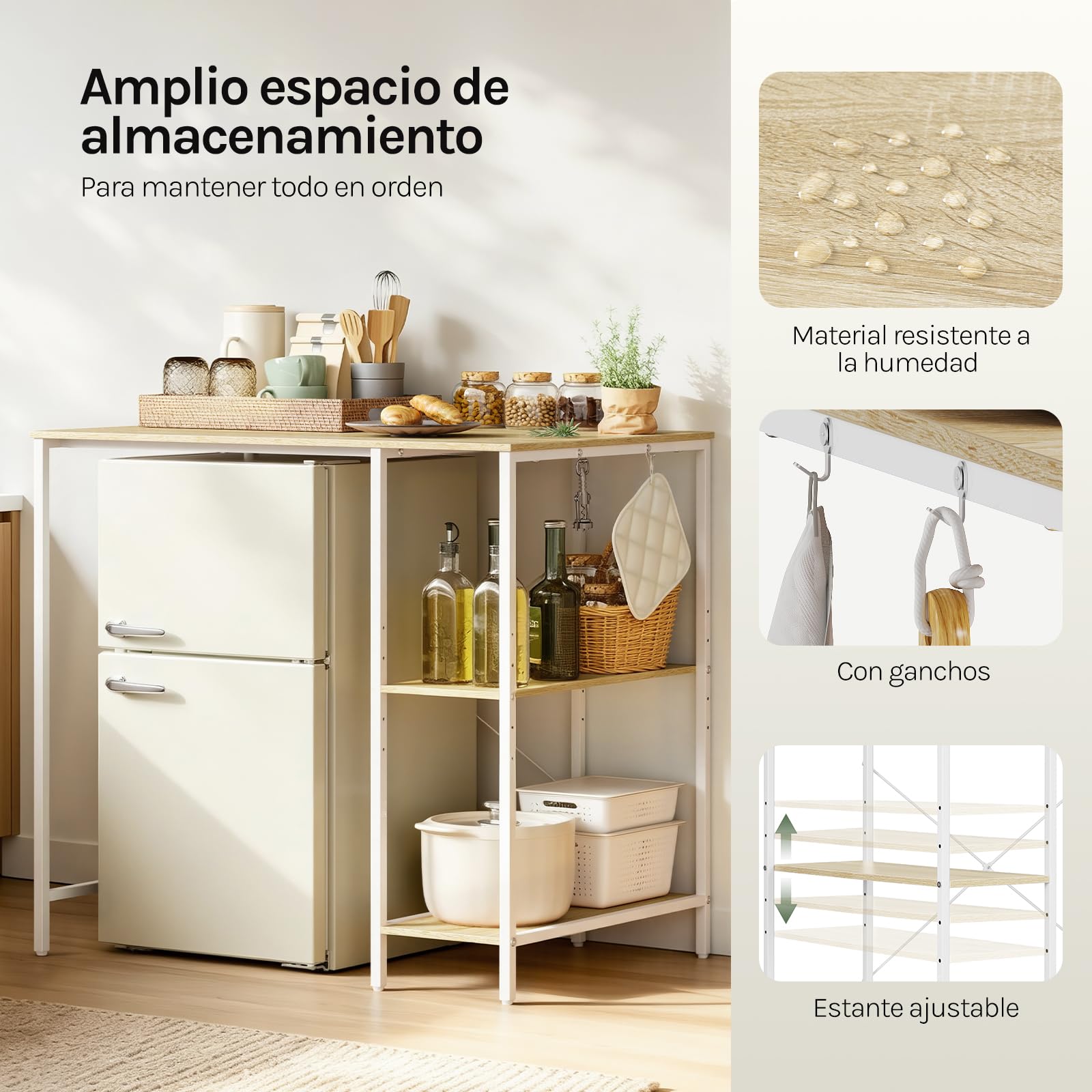 EUGAD Mueble Baño sobre Lavadora, Estanteria Secadora con 2 Estantes Laterales de Montaje al Revés, con 2 Ganchos y 1 Estante Ajustable, para Espacio Reducido,90 x 60 x 91 cm, Roble Claro+Blanco