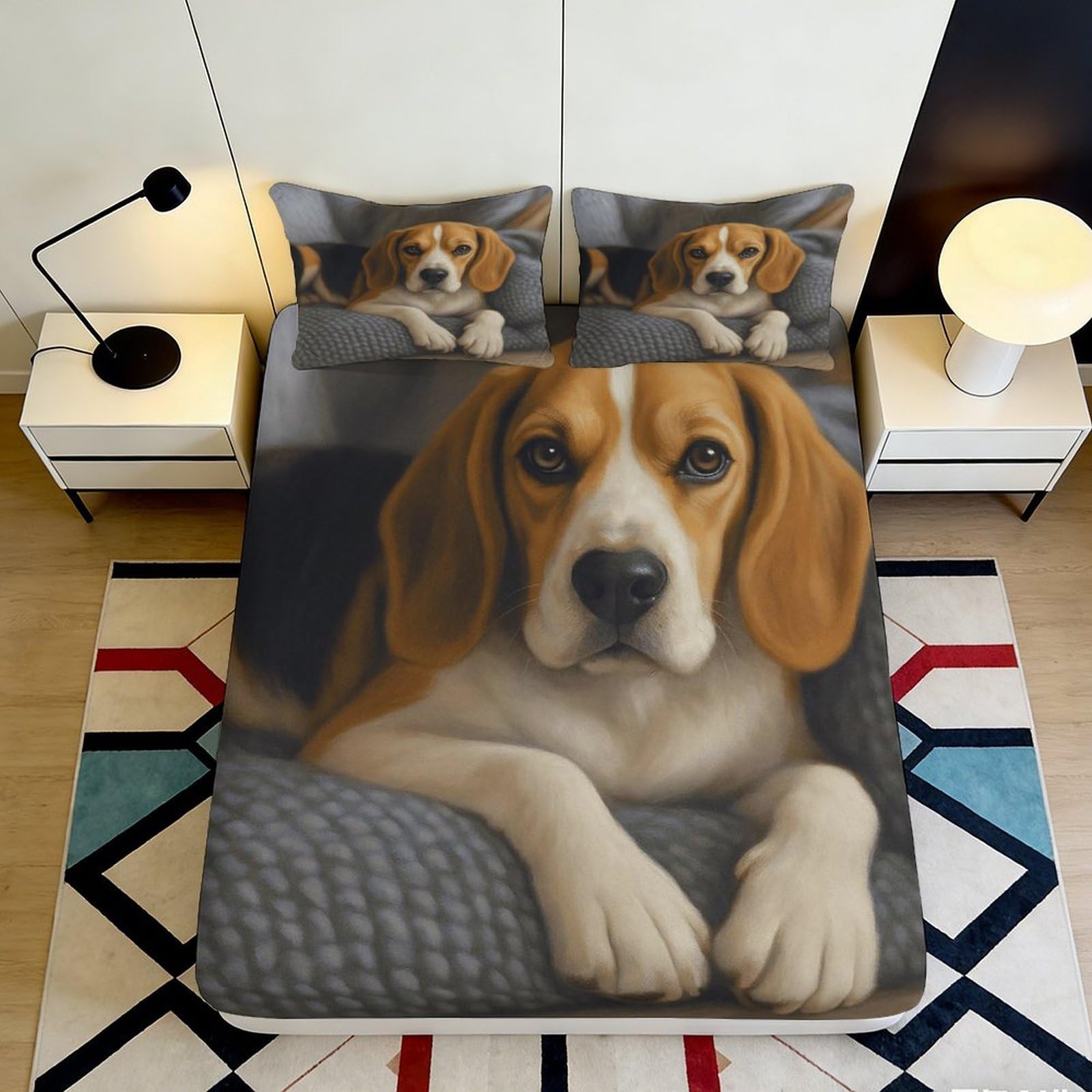 3D Printed Beagle Dog Fitted Sheet Microfiber Soft Anti-Slip Brown Puppy Bed Cover for Bedroom Guest Room Decor 180x200x25cm