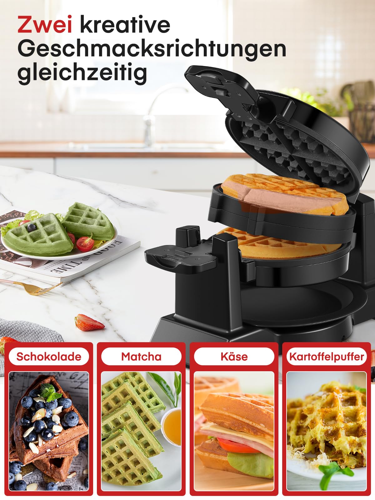 Waffeleisen 1400W Doppeltes Belgisches Waffeleisen 180° Drehung, 8 Scheiben in 3 Min., Antihaft-Platten, Anti-Verbrennungsschutz, Abnehmbare Auffangschale Einfach zu Reinigen, Waffle Maker