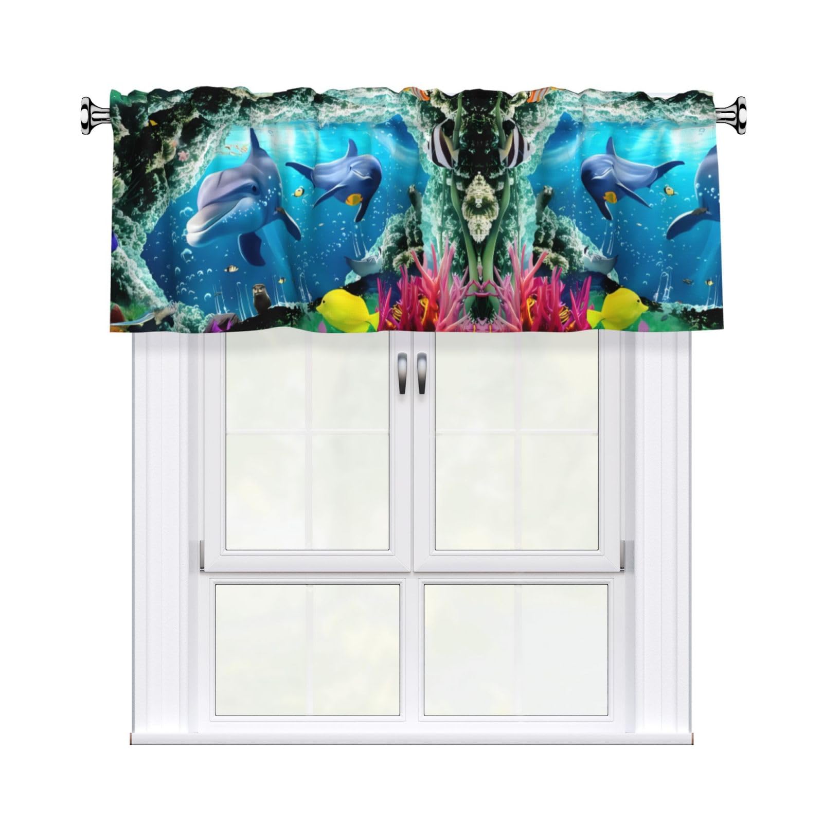 HJFCZH Ocean Underwater Dolphin Fish Prints Curtain Valance 54x18in - Peach Skin Kitchen Window Layer, Filtered Light & Quick-Install Rod Pocket Cover