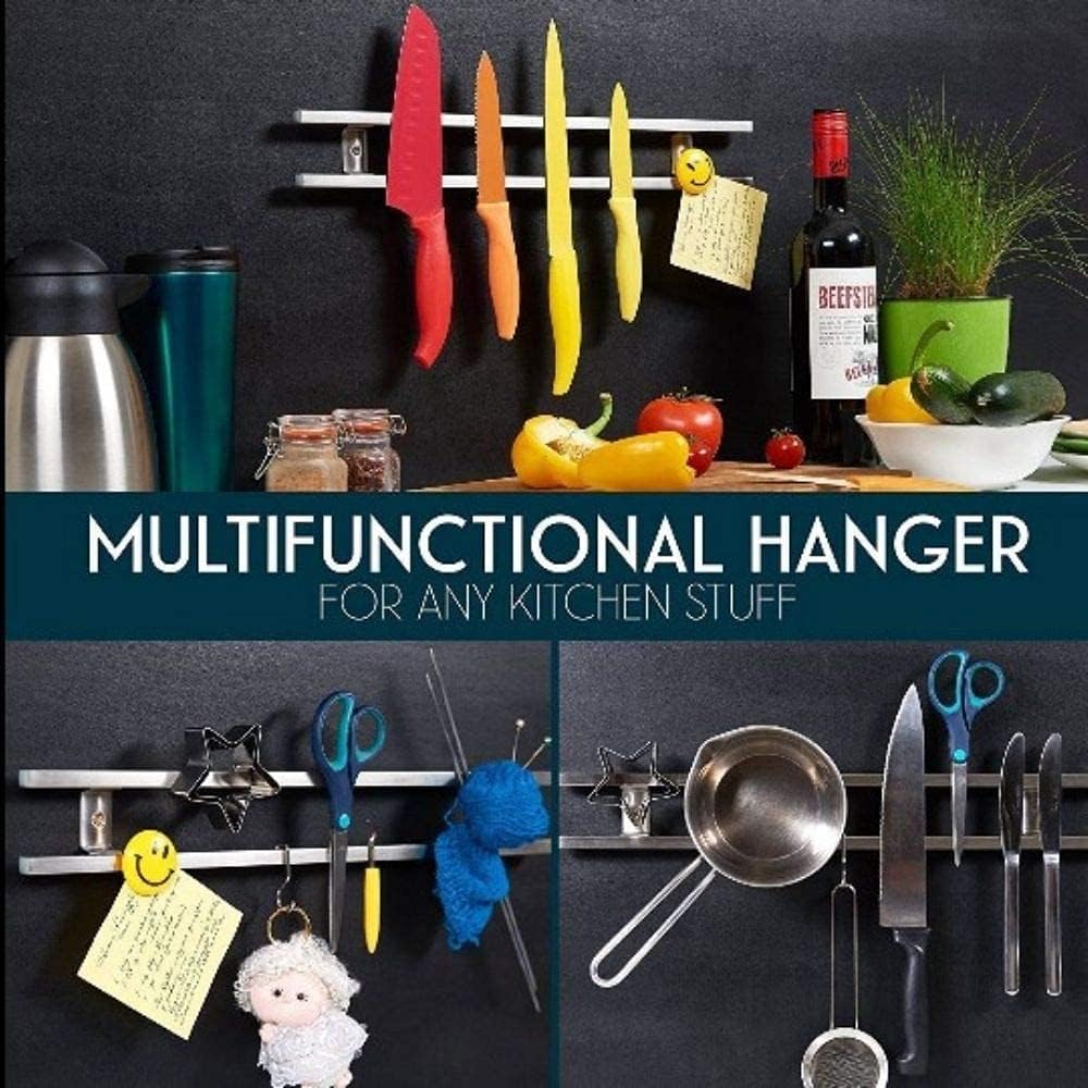 Magnetic Knife Strip 18 Inch- Stainless Steel Knife Holder Wall Mount with Hooks Multi-use as Knife Holder Utensil Cookware Cutting Board Organizer for Kitchen Space-Saving