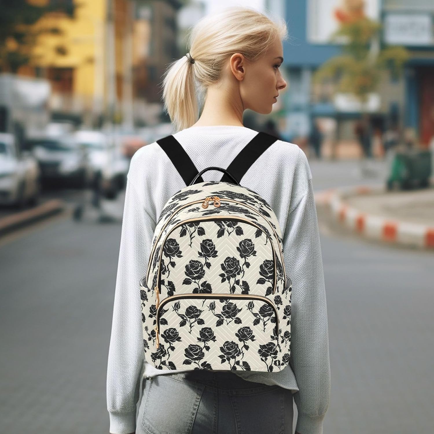 ALAZA White Black Rose Small Backpack Purse for Women Travel Bag Lightweight Shoulder Bag Fashion Daypack