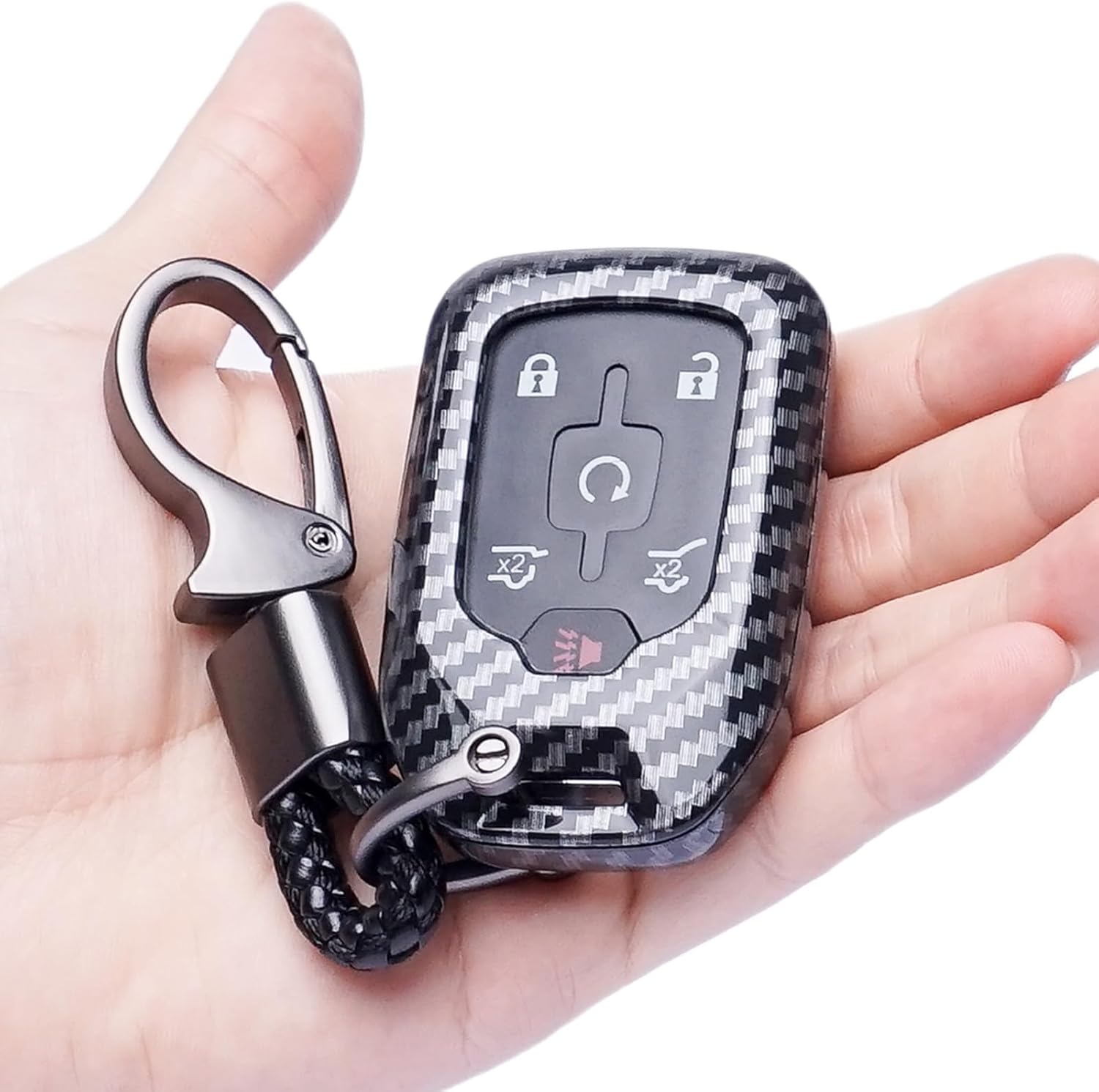 For GMC Key Fob Cover, Carbon Fiber Pattern Key Case for 2017-2022 2023 2024 Suburban Tahoe Silverado 1500 GMC Yukon XL Acadia Terrain Sierra 1500 2500 3500 with Keychain (Carbon Black)