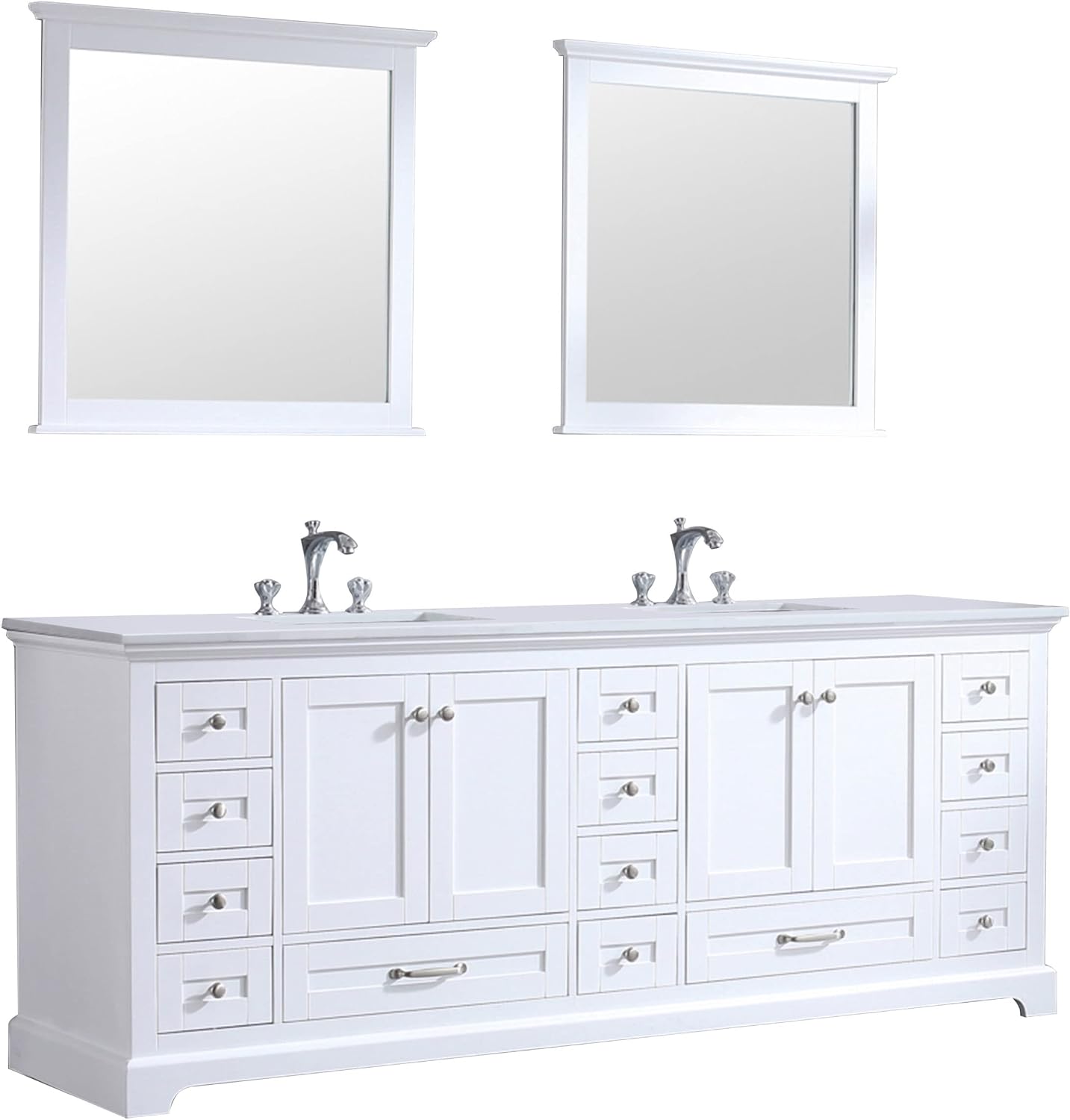 Dukes 84 in. W x 22 in. D White Double Bath Vanity, White Quartz Top, Faucet Set and 34 in. Mirrors