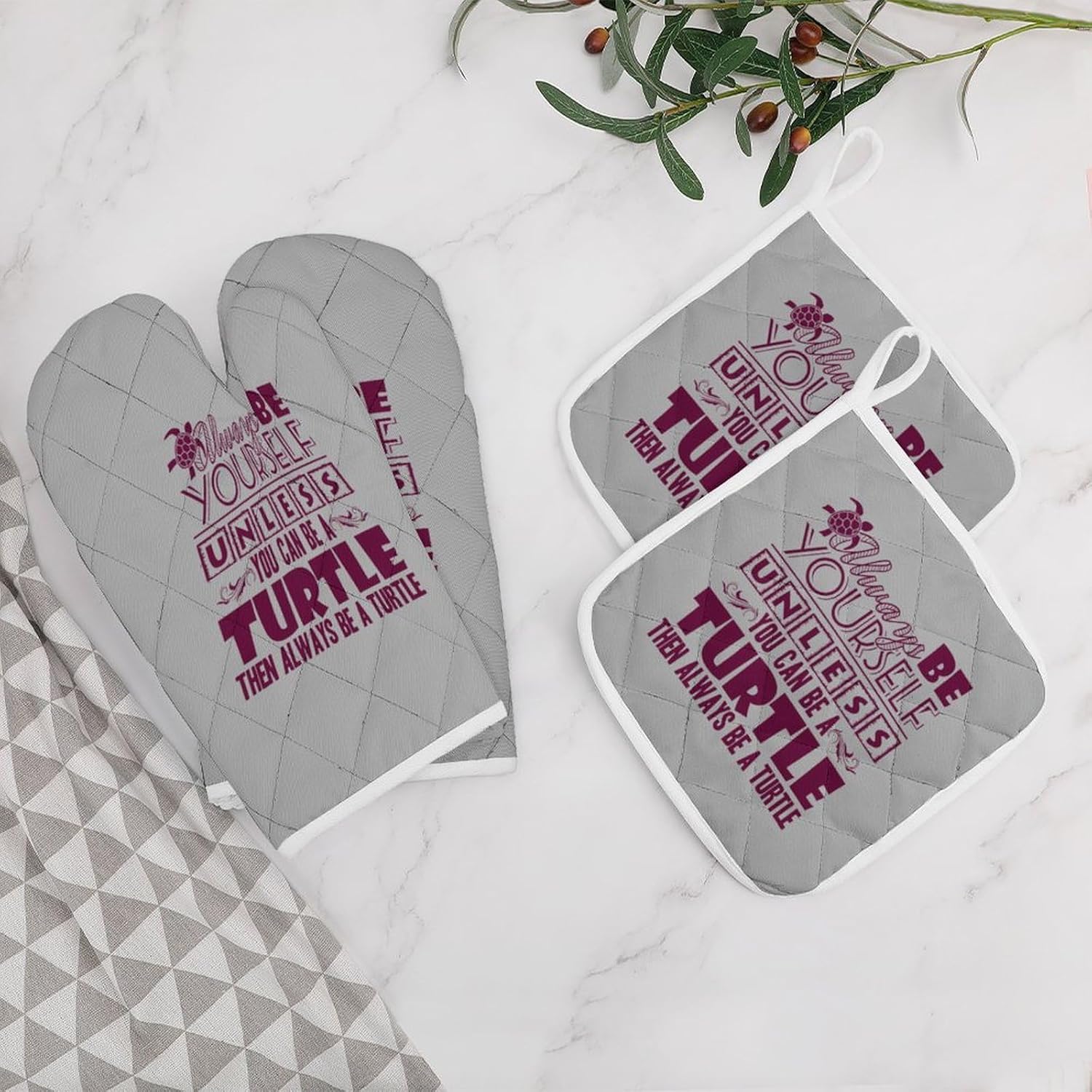 Always Be Turtle Oven Mitts and Pot Holders 4Pcs Set Heat Resistant Cooking Mitts Hot Pads