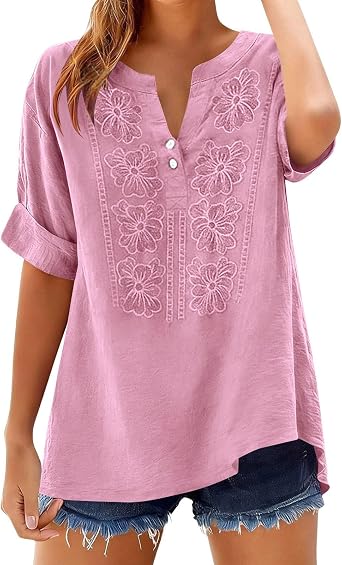 Embroidered Cotton Linen Shirts for Women 3/4 Sleeve Summer Boho Peasant Gauze Shirts for Beach Travel