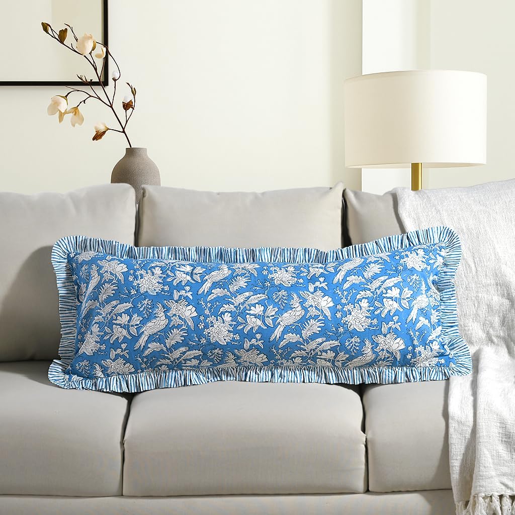CPC Blue Sapphire 100% Cotton Block Print Ruffle Sham Cover 14X36 inch, Handmade Boho Floral Pillowcase, Farmhouse Cottagecore Bedding, Soft Decorative Lumar Cushion Cover for Bedroom Décor