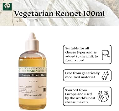 Vegetarian Rennet 100ml | All Cheeses | Highly Concentrated 200IMCU/ml Rennet For Cheese Making | Vegetarian & GM Free | Precision Dropper Bottle Included