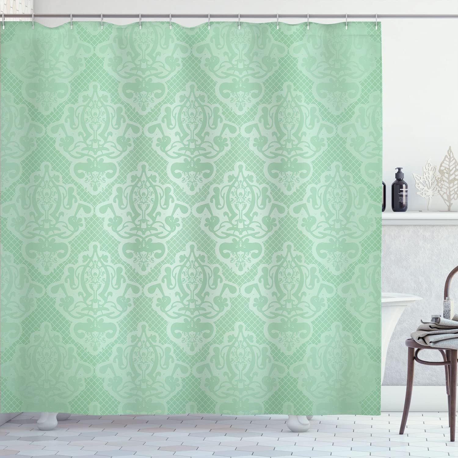 Ambesonne Vintage Shower Curtain, Lace Style Background with Antique Wedding Inspiration Motifs Ornamental Design, Cloth Fabric Bathroom Decor Set with Hooks, 70" Long, Pale Rose