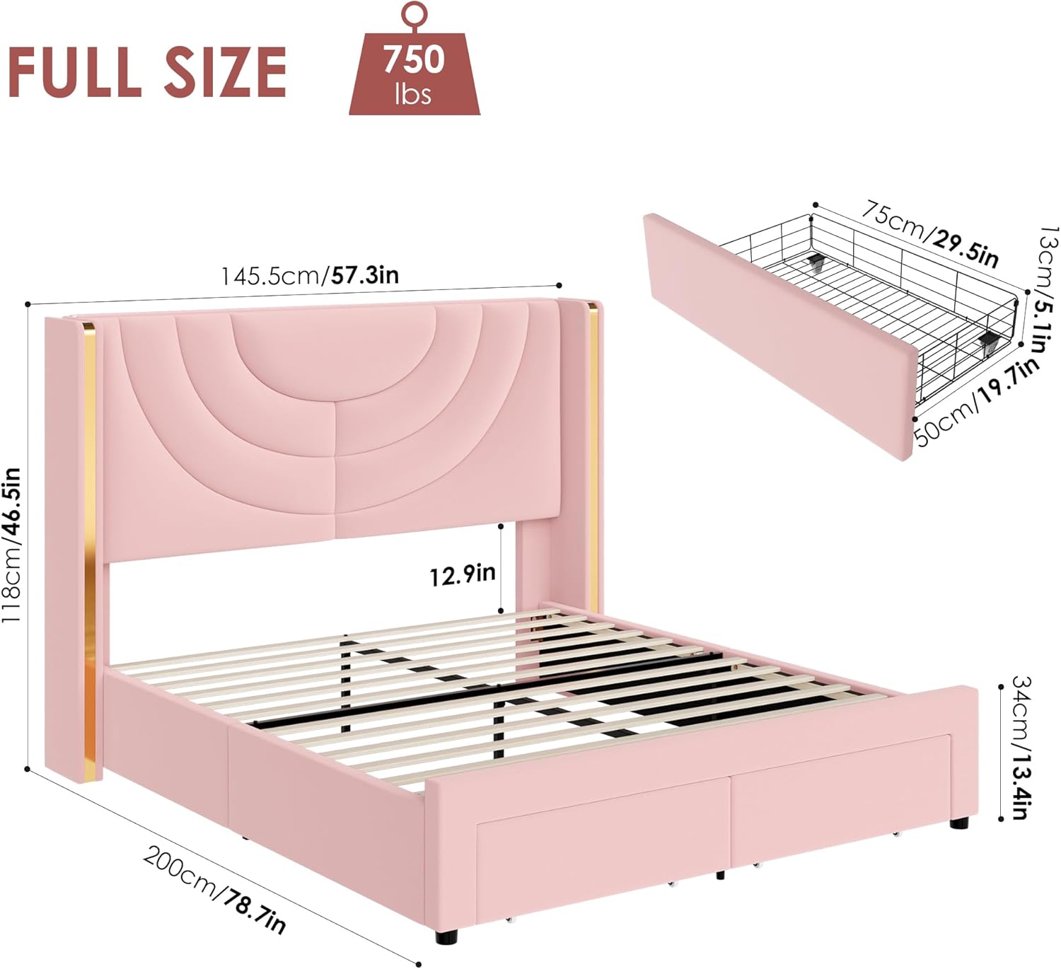 Full size bed frame dimensions and drawer dimensions.