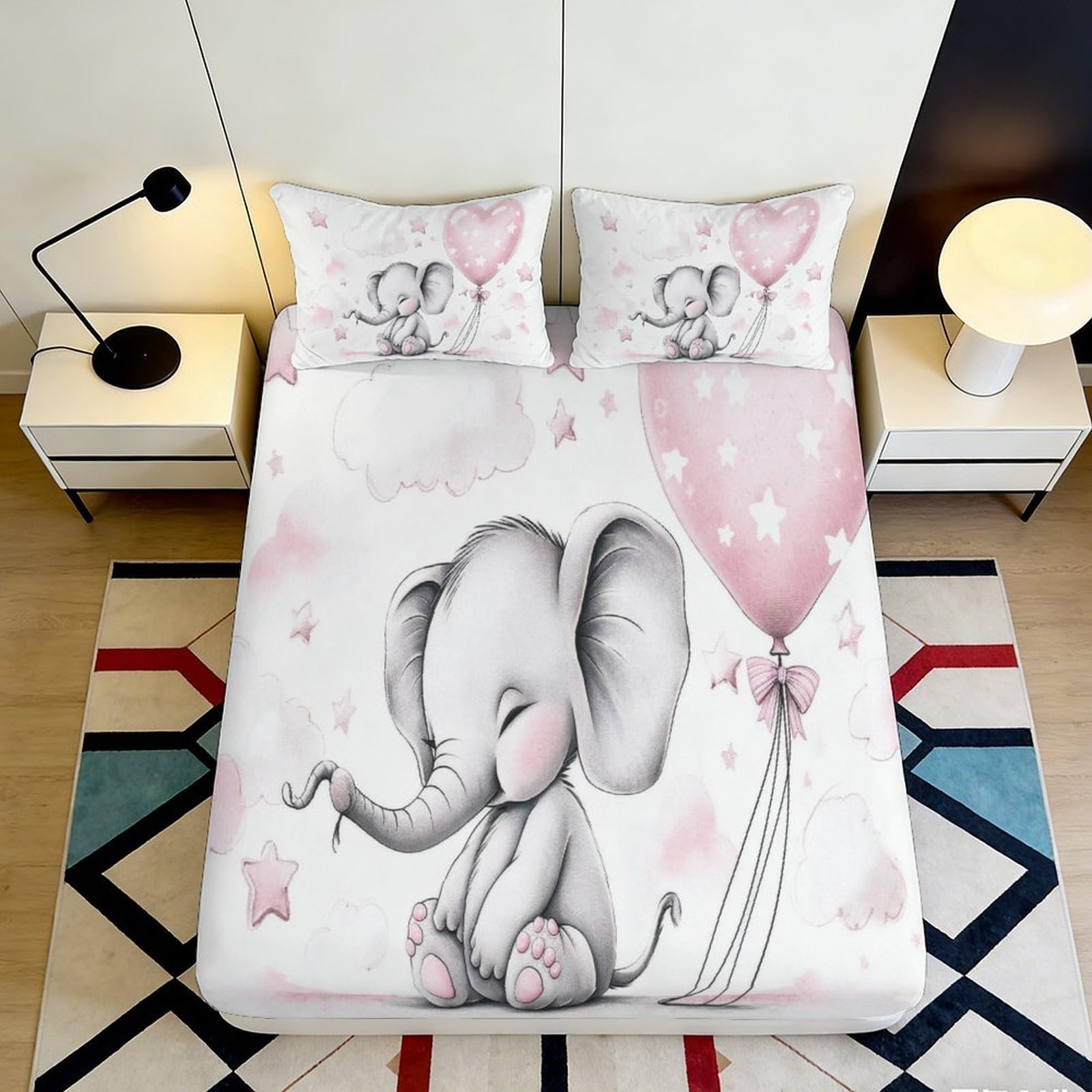 3D Printed Cute Elephant Fitted Sheet Microfiber Soft Breathable Pink Balloon Bed Cover for Bedroom Dormitory Guest Room Mattress Protection Decor 160x200x25cm
