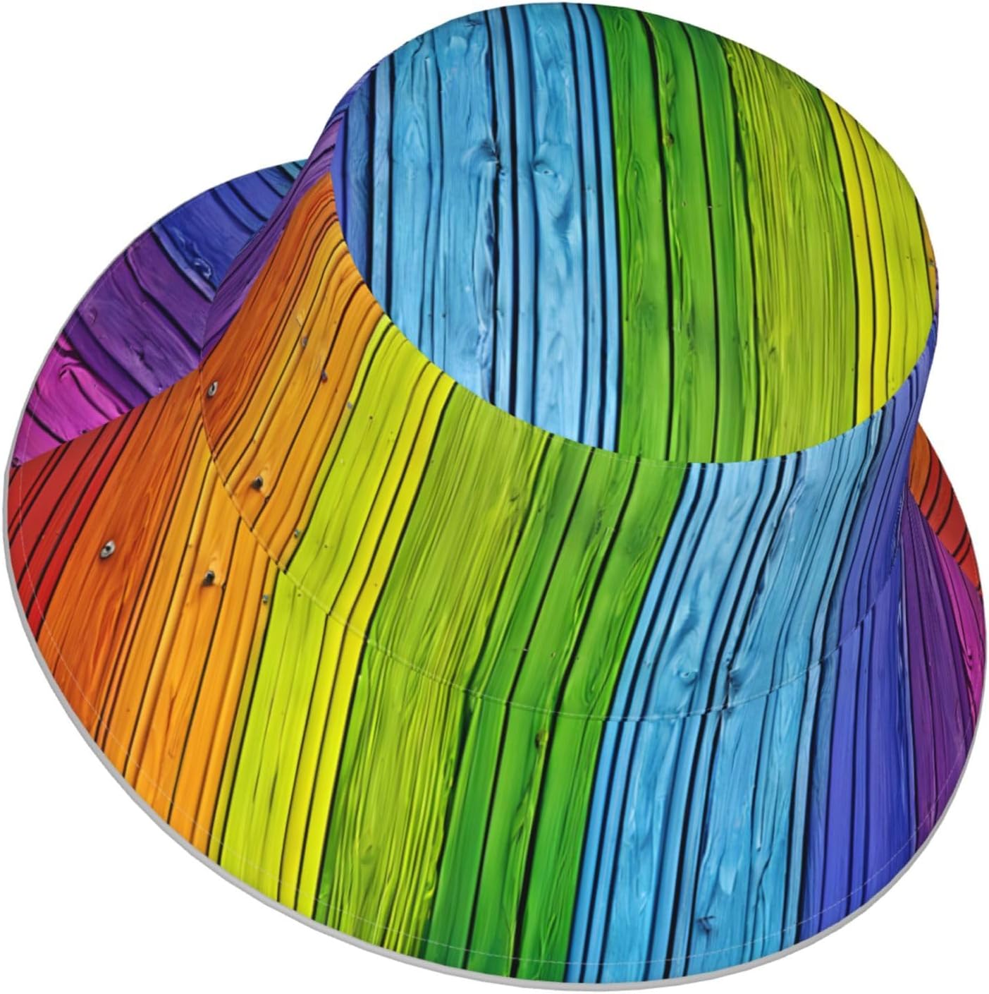 (Rainbow Colored Wood Background) Reflective Reversible Bucket Hat Foldable Breathable Stylish Two-Way Wear for Outdoor Travel Daily Activities