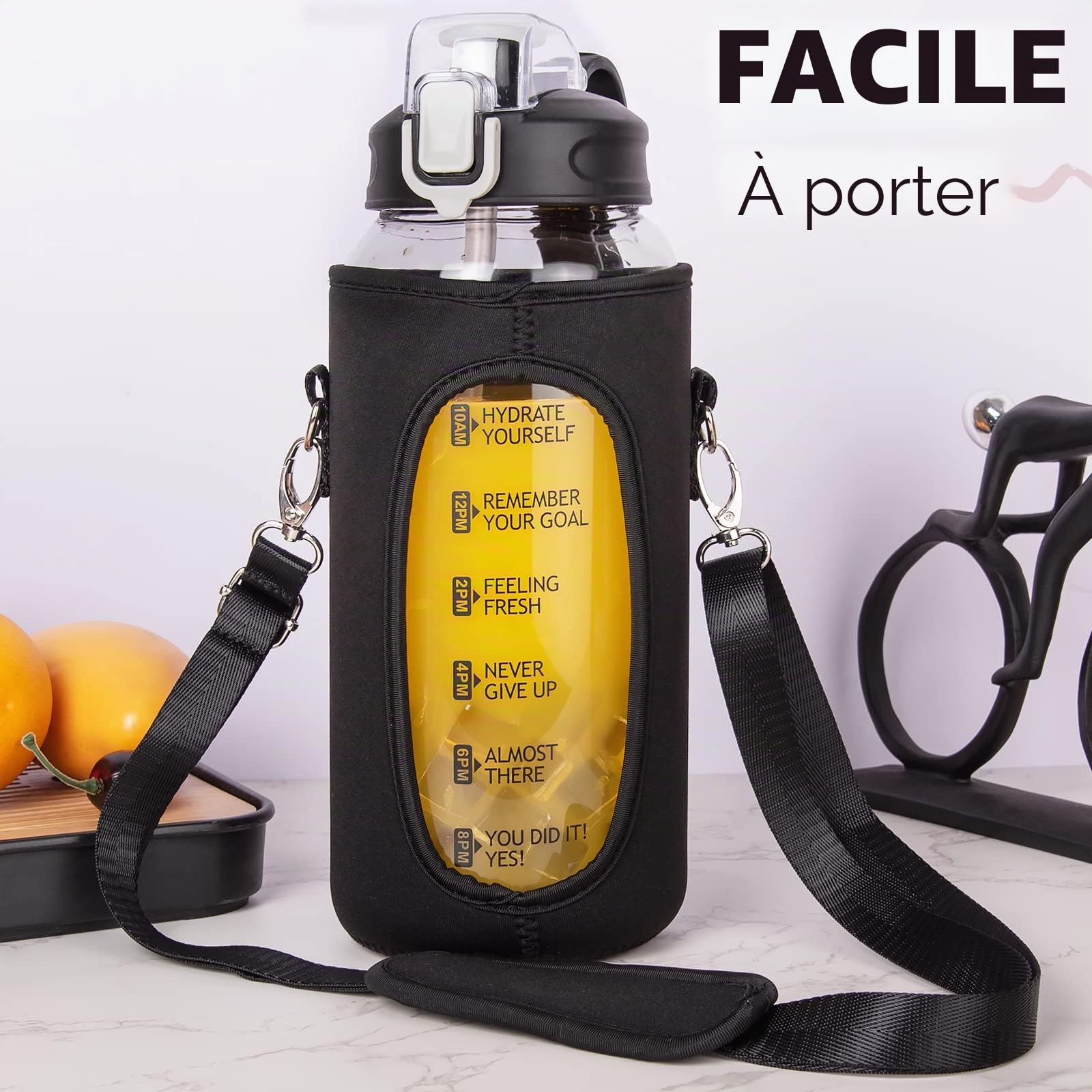 2l Gourde Verre Motivation avec Paille et Marqueur de Temps 2 litres grand transparente Bouteille eau Verre Borosilicaté Carafe eau Pichet en Verre