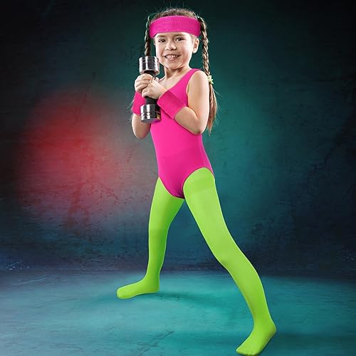 Miniatura 4 de Giegxin Disfraz de entrenamiento de los años 80 para niños, accesorios de traje de Halloween, leotardo retro de neón, leggings, diadema, pulsera,